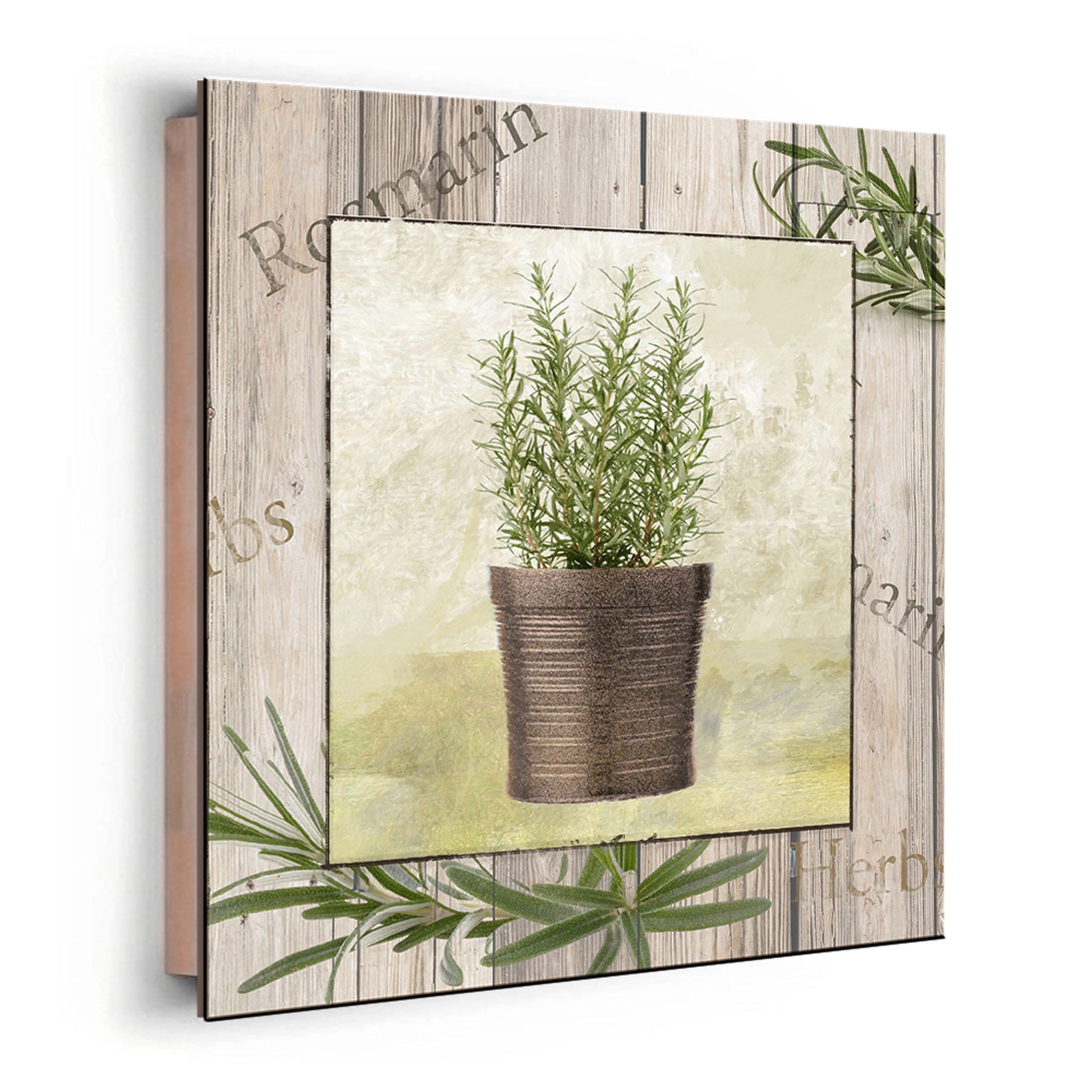 artissimo Deco-Panel Bild 30x30 cm Küche/ Wandbild klein leicht / Landhaus Vintage Kräuter, Küchenbild: Rosmarin im Topf in grün