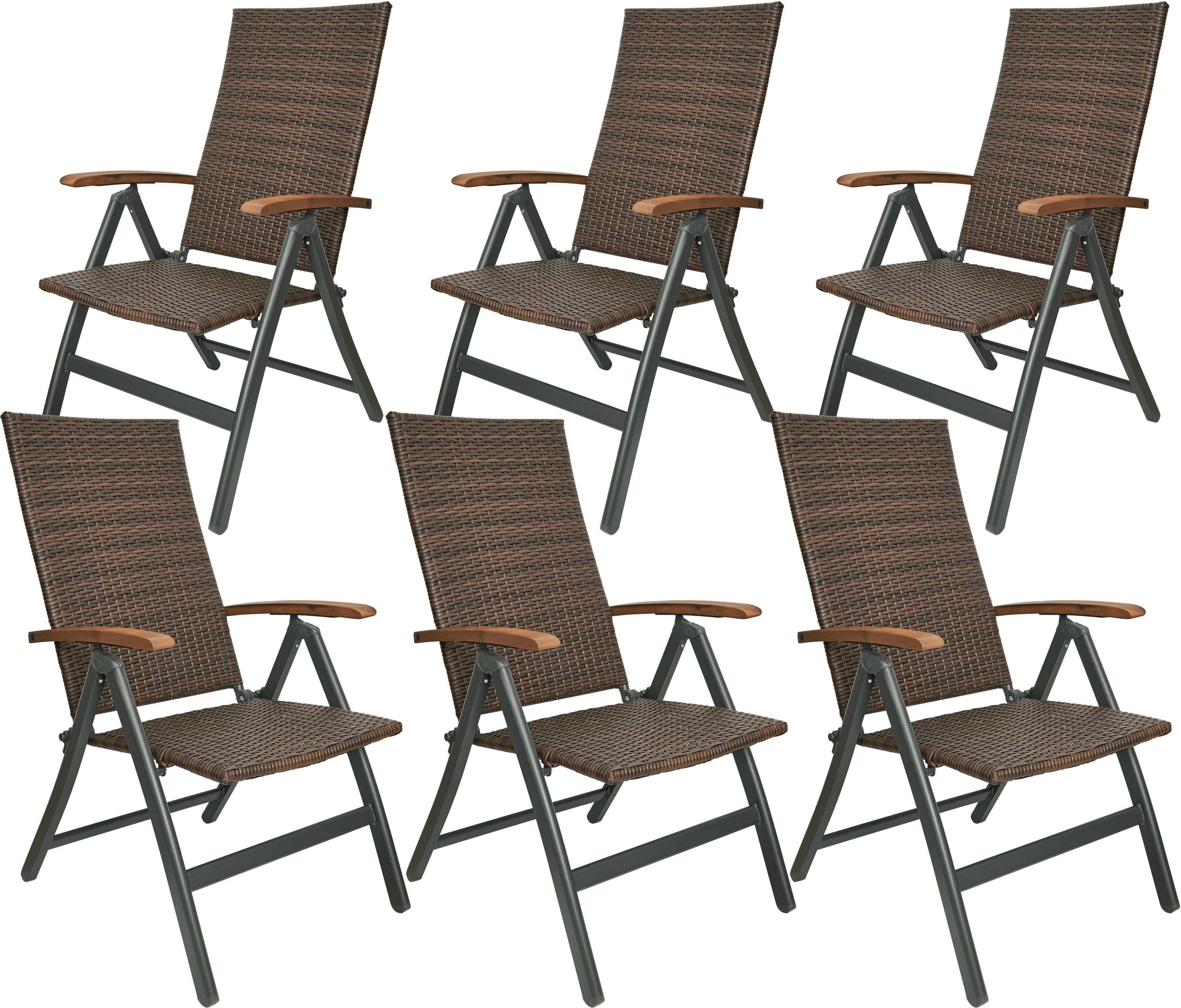 BRUBAKER Gartenstuhl Polyrattan Stuhl - Modena - klappbarer Hochlehner Campingstuhl (Wetterfest für Garten, Balkon, Terrasse - Braun Grau, 6 St), Klappstuhl aus Metall & Poly Rattan - 7-Fach verstellbare Rückenlehne