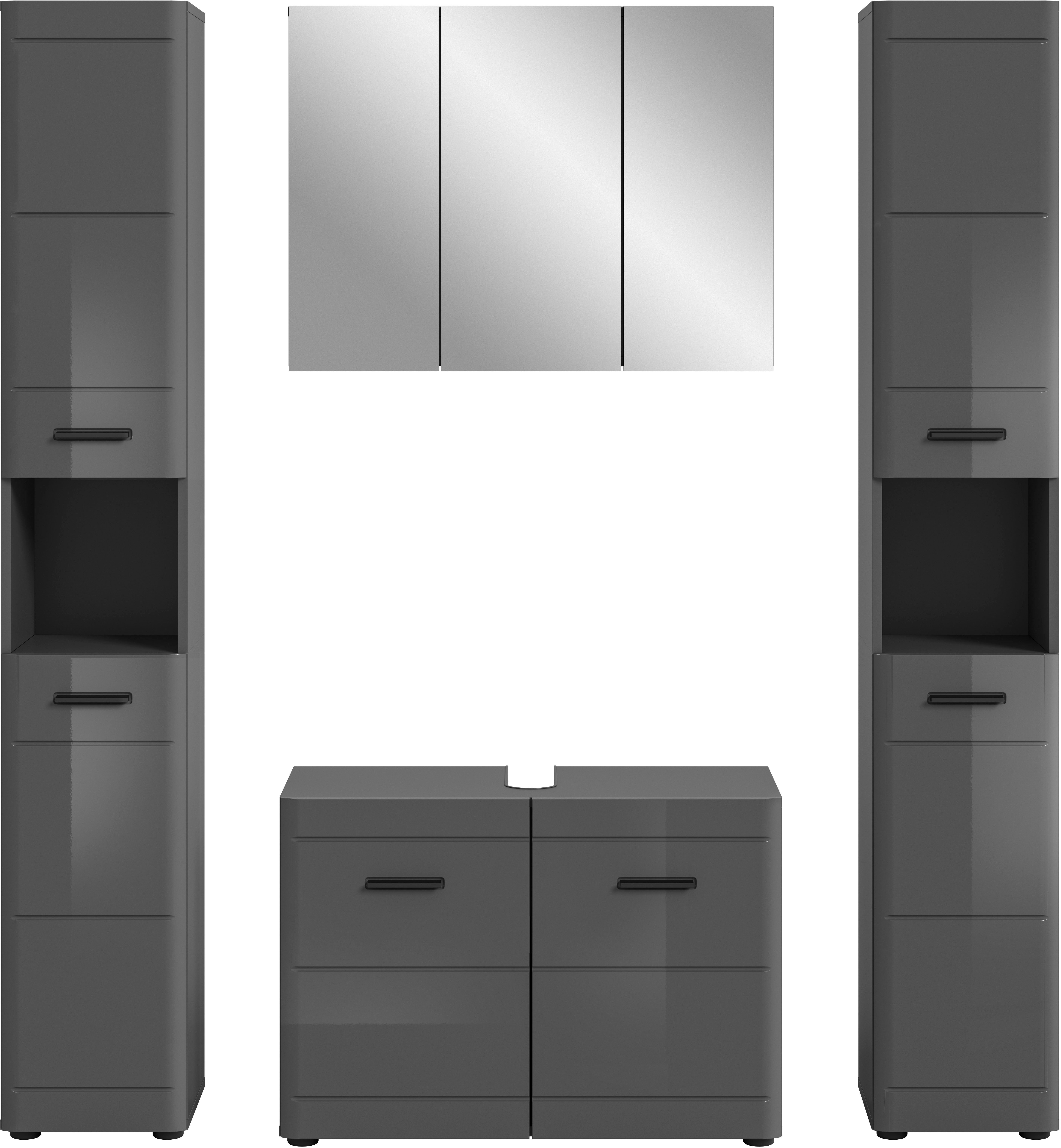 welltime Badmöbel-Set Doux, bestehend aus: 2x Hochschrank, Waschbeckenunterschrank, (4-St), Spiegelschrank, hochwertige hochglanz MDF Front mit Rillenfräsung