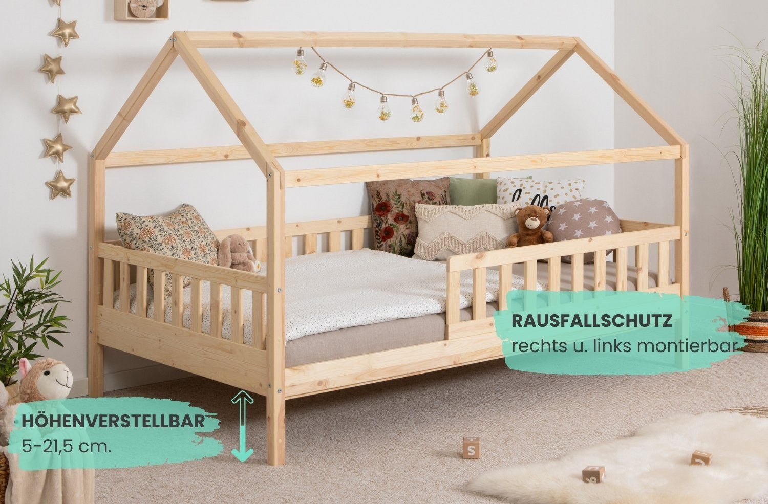 Ticaa Hausbett Kay mit Rausfallschutz aus Kiefer, Kinderbett 120x200, inkl. Dach, mit Rollrost