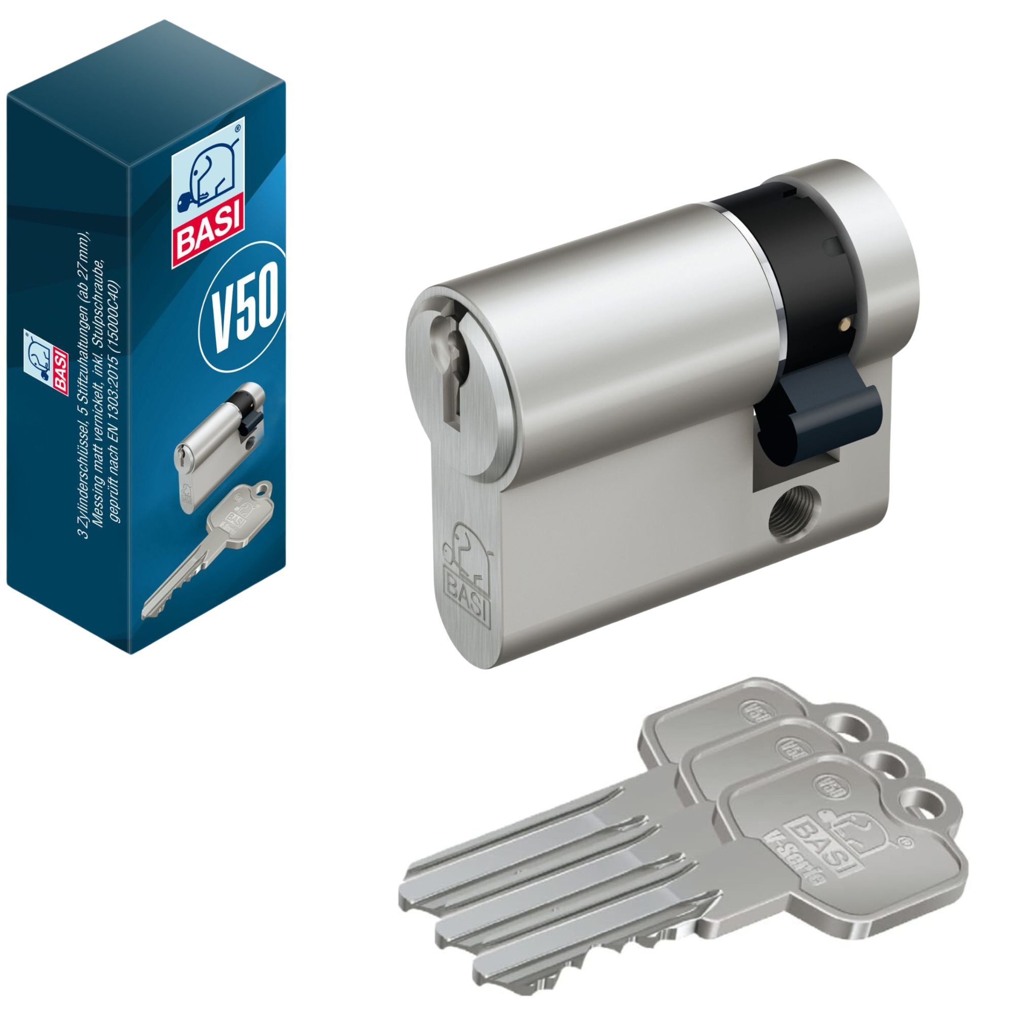BASI Profilzylinder V50, Verschiedenschließend, diverse Längen, (Packung, 1-St), Halbzylinder 10/30 mm, 8-fach vestellbare Schließnase, 3 Schlüssel