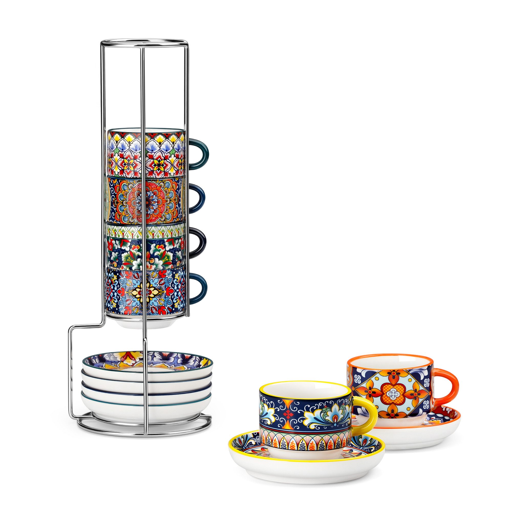 vancasso Kaffeeservice 6tlg Kaffeeservice, Porzellan Espresso-Set, Metallständer (1-tlg), 6 Personen, Porzellan
