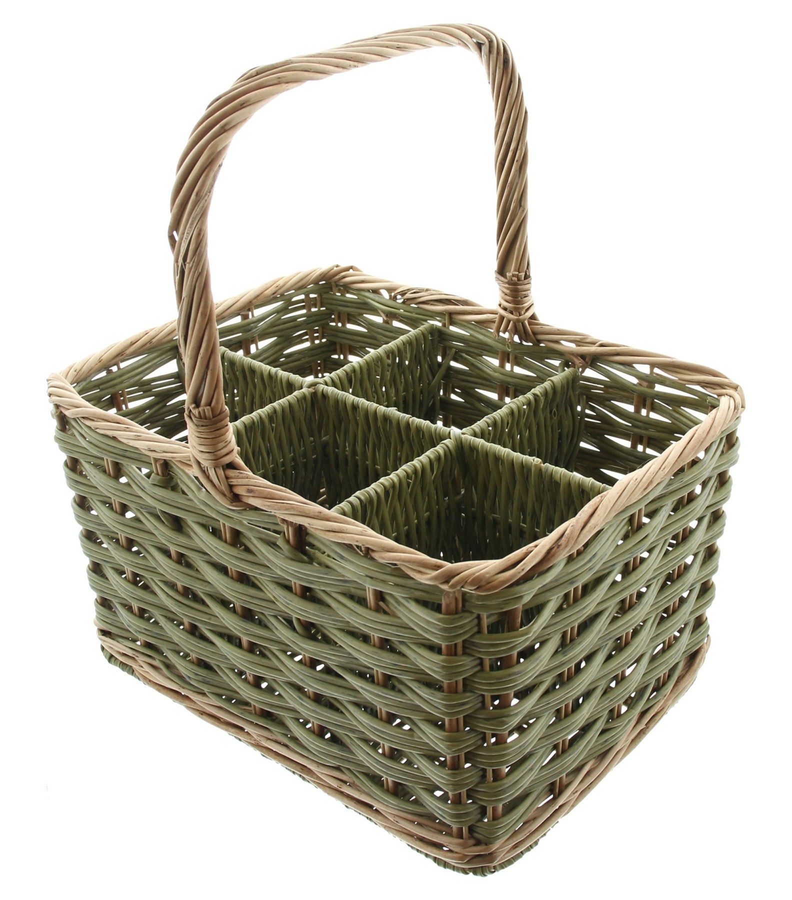 Dekoleidenschaft Flaschenträger "Olivgrün" aus Weide & Polyrattan für 4 / 6 Flaschen, Flaschenkorb, Korb, Getränketräger, Getränkekorb für Weinflaschen Bier Saft Wasser