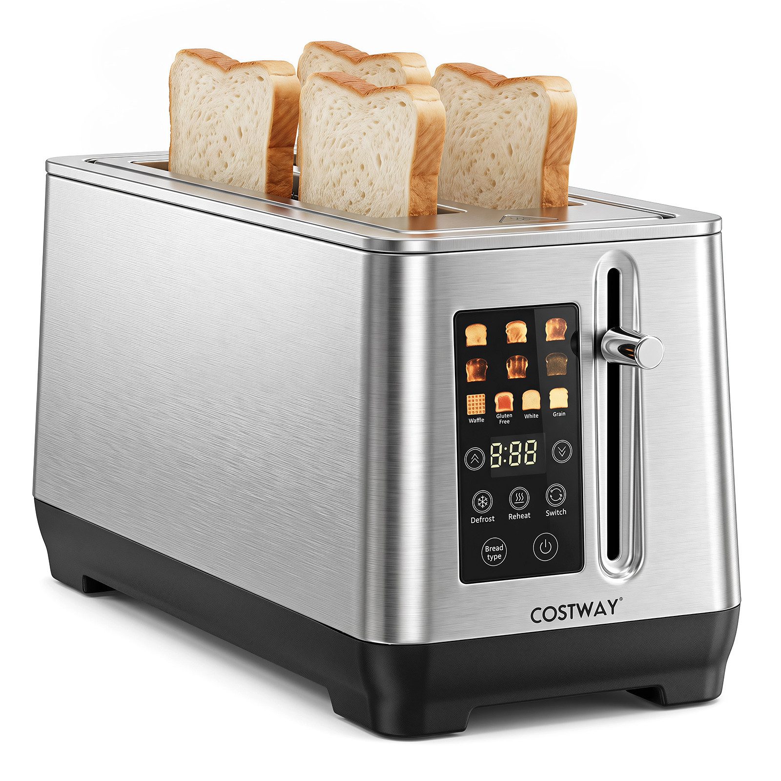 COSTWAY Toaster 4 Scheiben mit LED-Display, 6 Bräunungsstufen, 1600 W