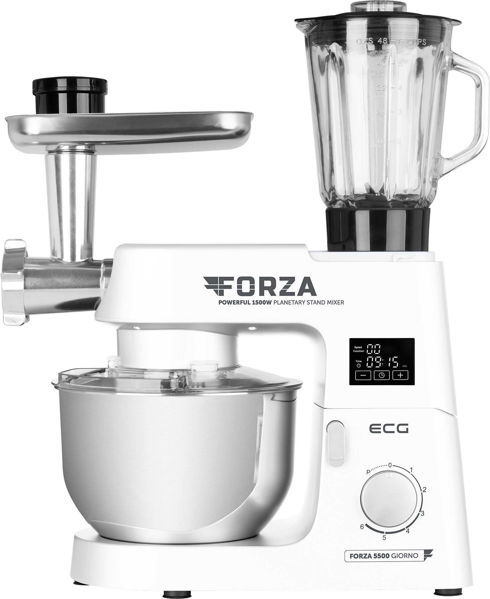 ECG Küchenmaschine FORZA 5500 Giorno Bianco, 1500 W, 6,50 l Schüssel, Große Auswahl an Zubehör | Multifunktionsküchenmaschinen
