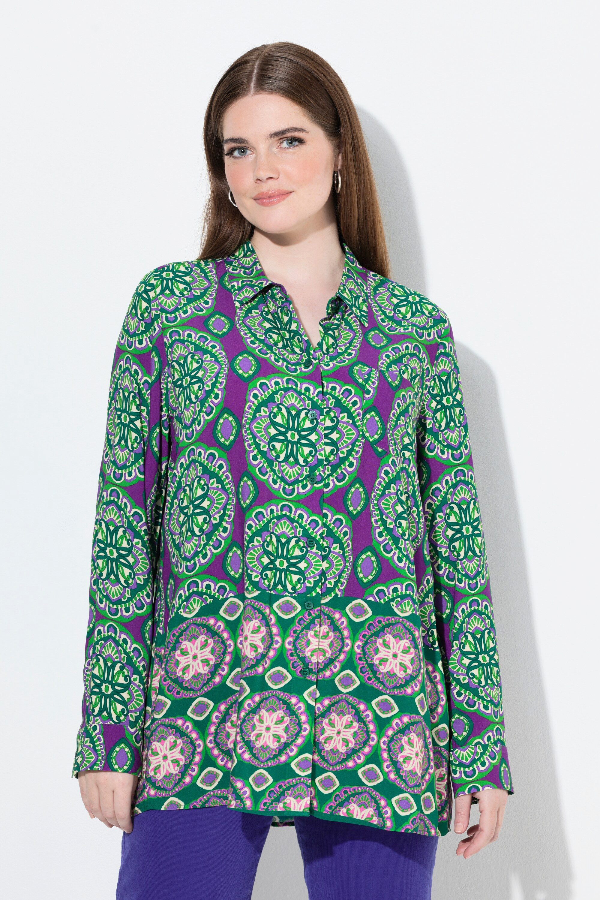 Ulla Popken Hemdbluse Hemdbluse Ornamente Hemdkragen Langarm