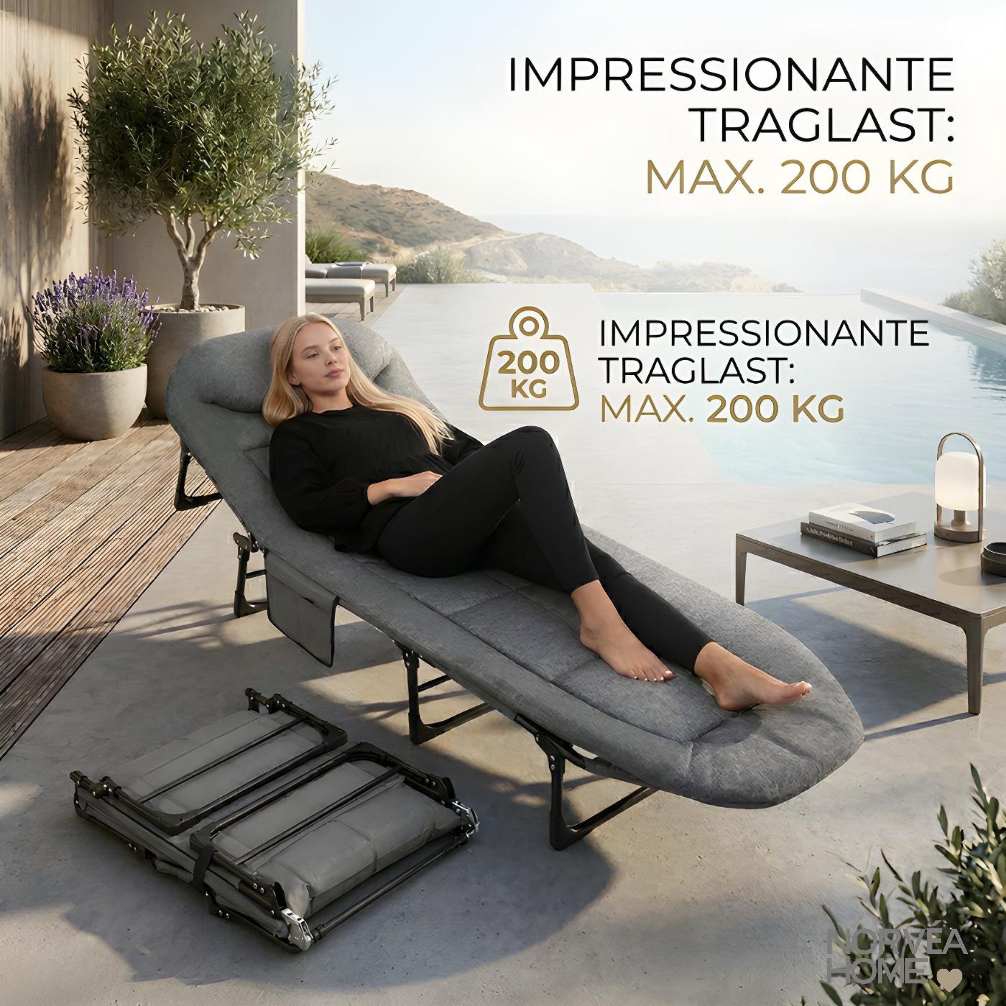 Norvéa Home Relaxliege Klappbare Gartenliege Relaxliege 191x68 cm mit Kissen 200 kg, 6-fach verstellbar, faltbar, bis 200 kg, mit Kissen