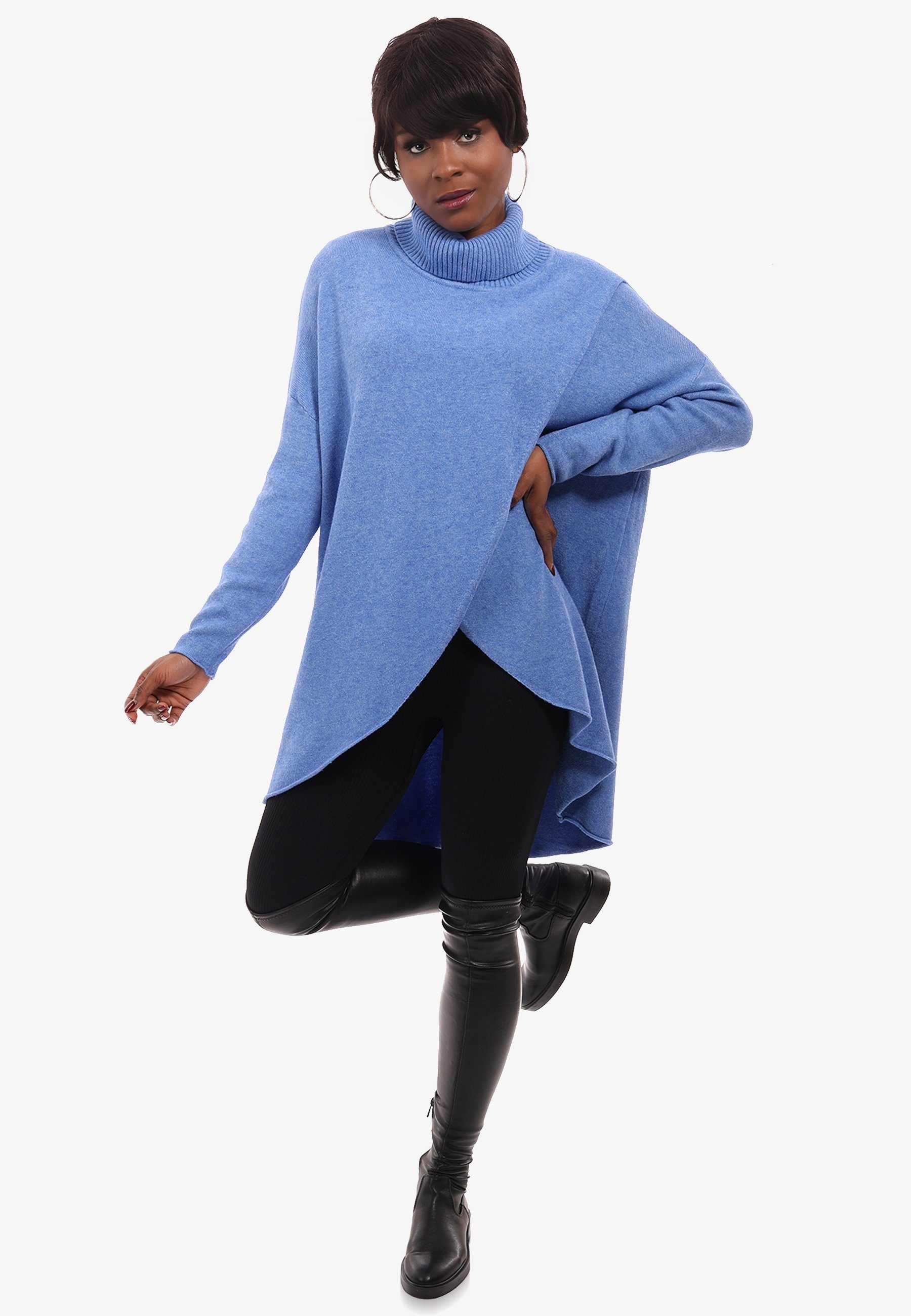 Wickeloptik Fashion Strickpullover Rollkragen Unifarbe YC in in & blau Longpullover Style mit