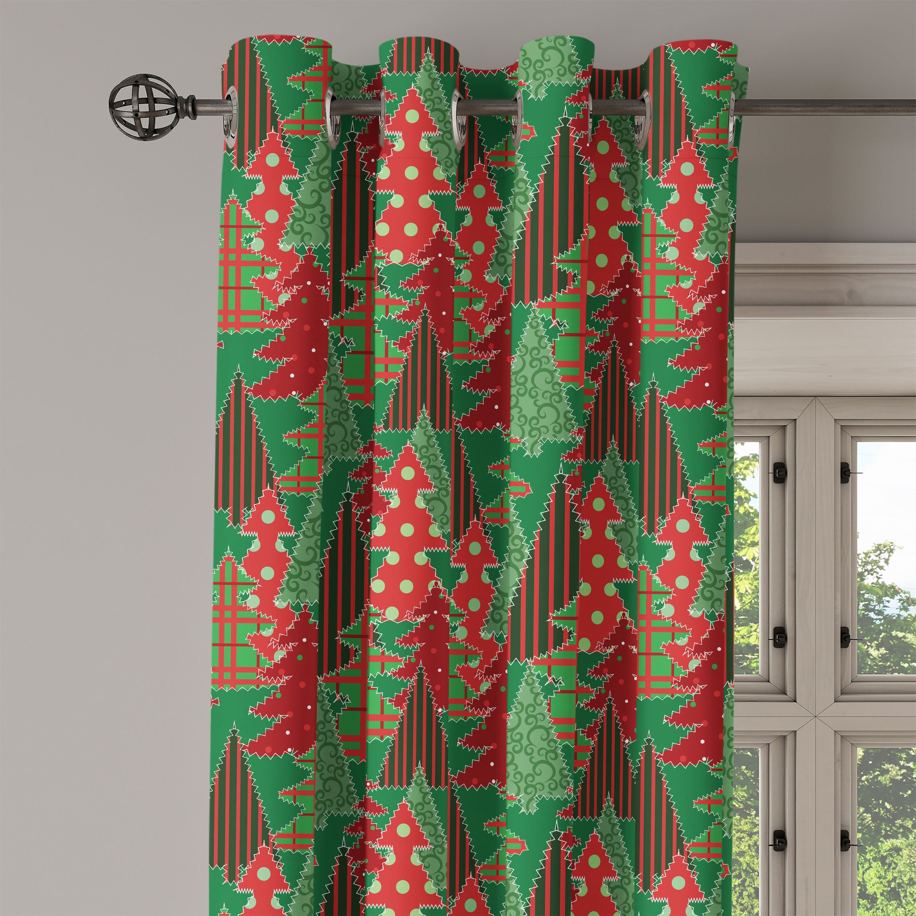 Gardine Dekorative für Abakuhaus, Weihnachten Pines Wohnzimmer, Dot Swirl 2-Panel-Fenstervorhänge Baum Schlafzimmer