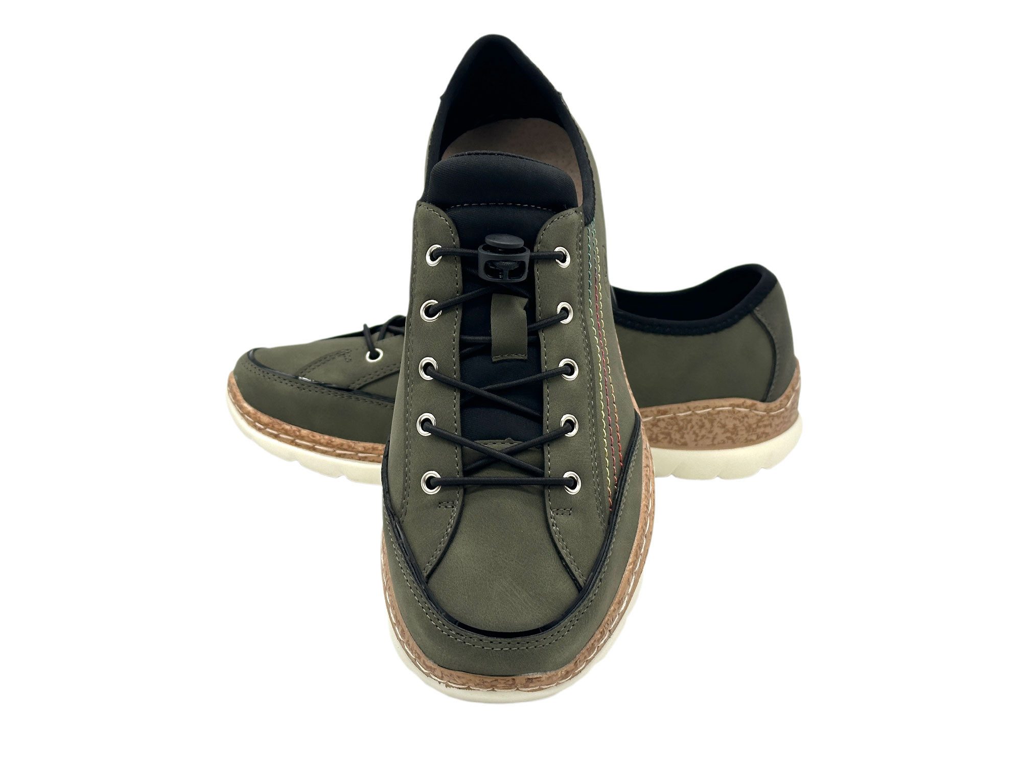 Nowaland Damen Halbschuh mit Schnellverschluss und farbigen Kontrastnähten Slipper Elastikschnürung mit Stopper & dekorative Mehrfarb-Nähte