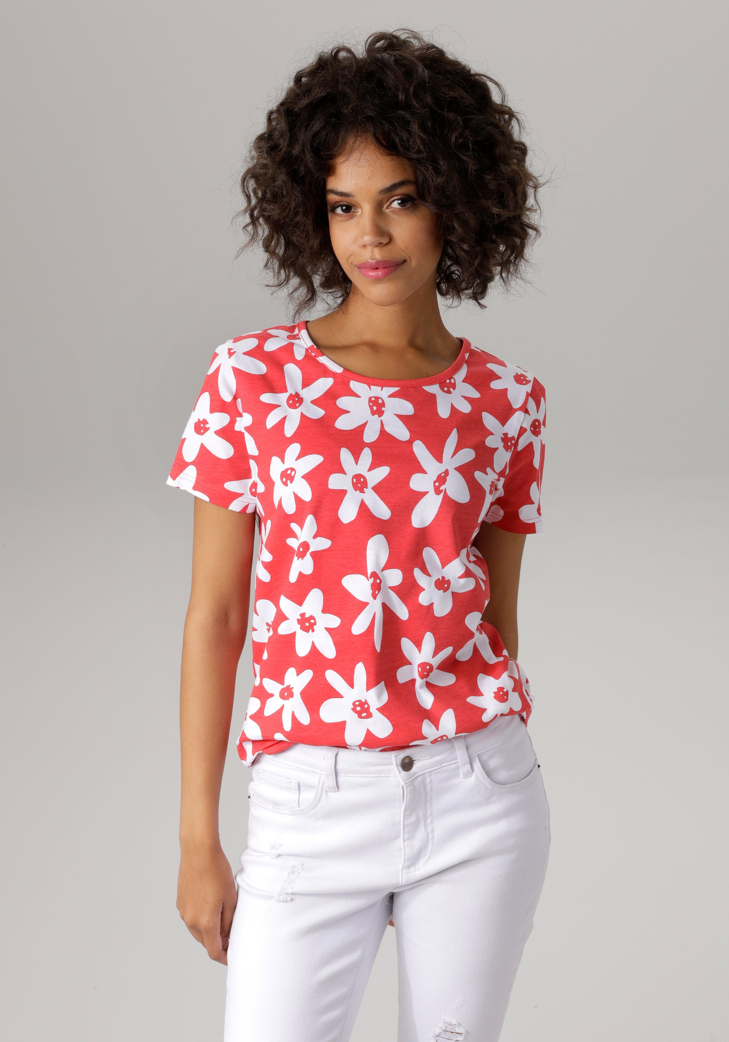 Aniston CASUAL T-Shirt allover mit bunten Blüten bedruckt rot-weiß