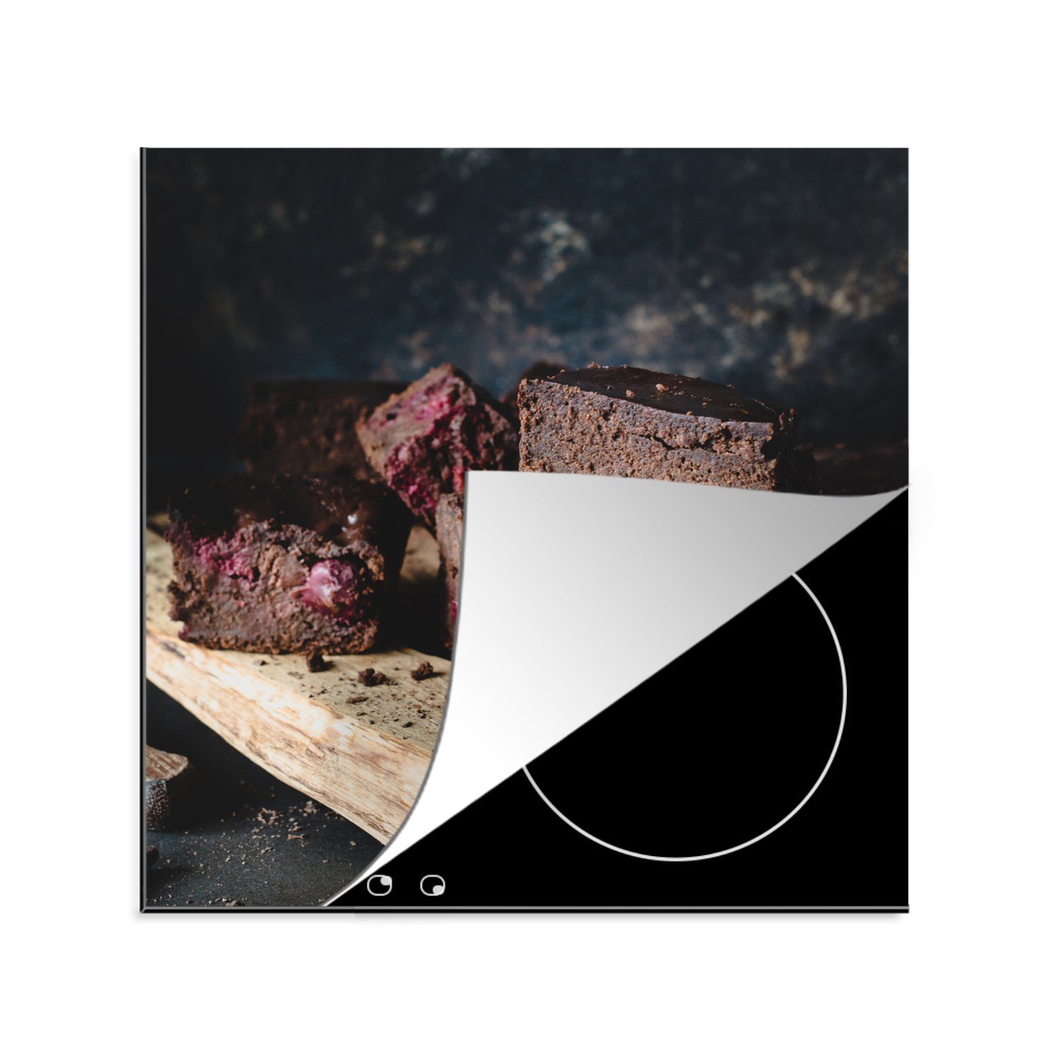 MuchoWow Herdblende-/Abdeckplatte Schokoladen-Brownies mit Kirschen auf dunklem Hintergrund, Vinyl, (1 tlg), 78x78 cm, Ceranfeldabdeckung, Arbeitsplatte für küche