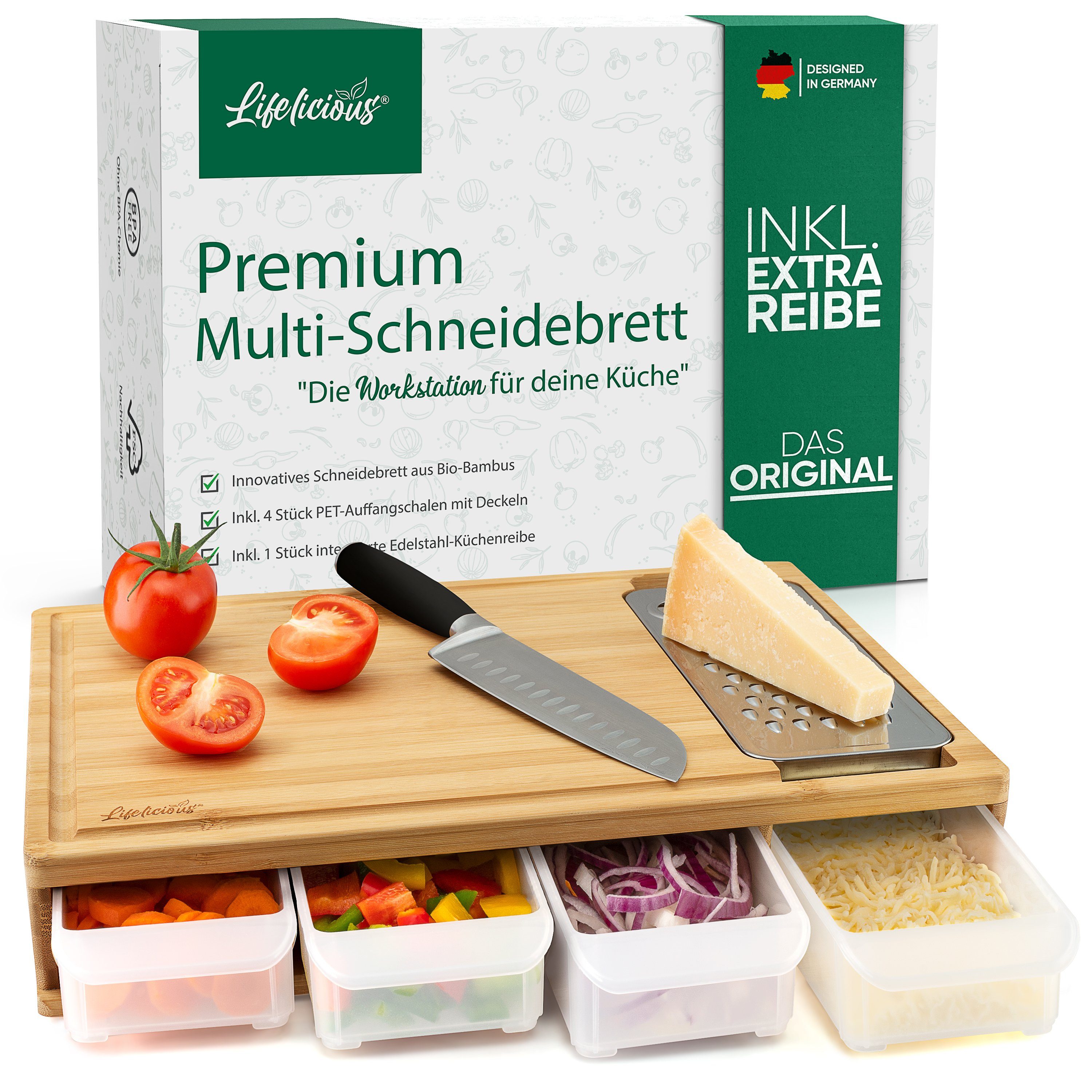 Schneidebrett Premium mit Auffangschalen - Das multifunktionale Schneidebrett-Set