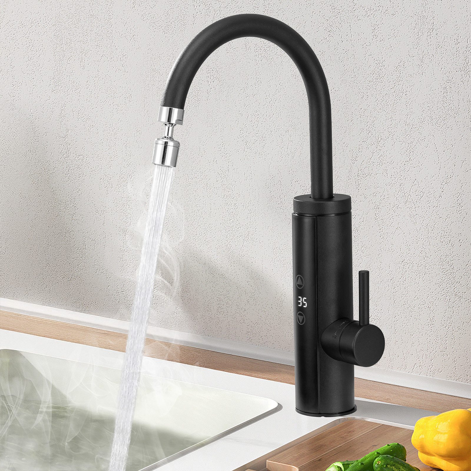DESFAU Küchenarmatur mit Durchlauferhitzer, Wasserhahn 360° drehbar,3-Stufen Touchregelung spültischarmatur küche,Elektrische Durchlauferhitzer,Schwarz