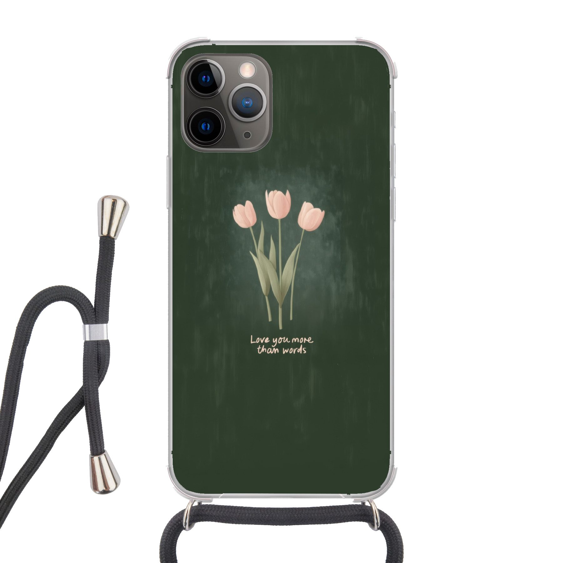 MuchoWow Handyhülle für Apple iPhone 13 Pro Max Tulpen - Rosa - Text - Liebe, Tragbare Handyhüllen mit Kette zum umhängen, Handykette Handyband