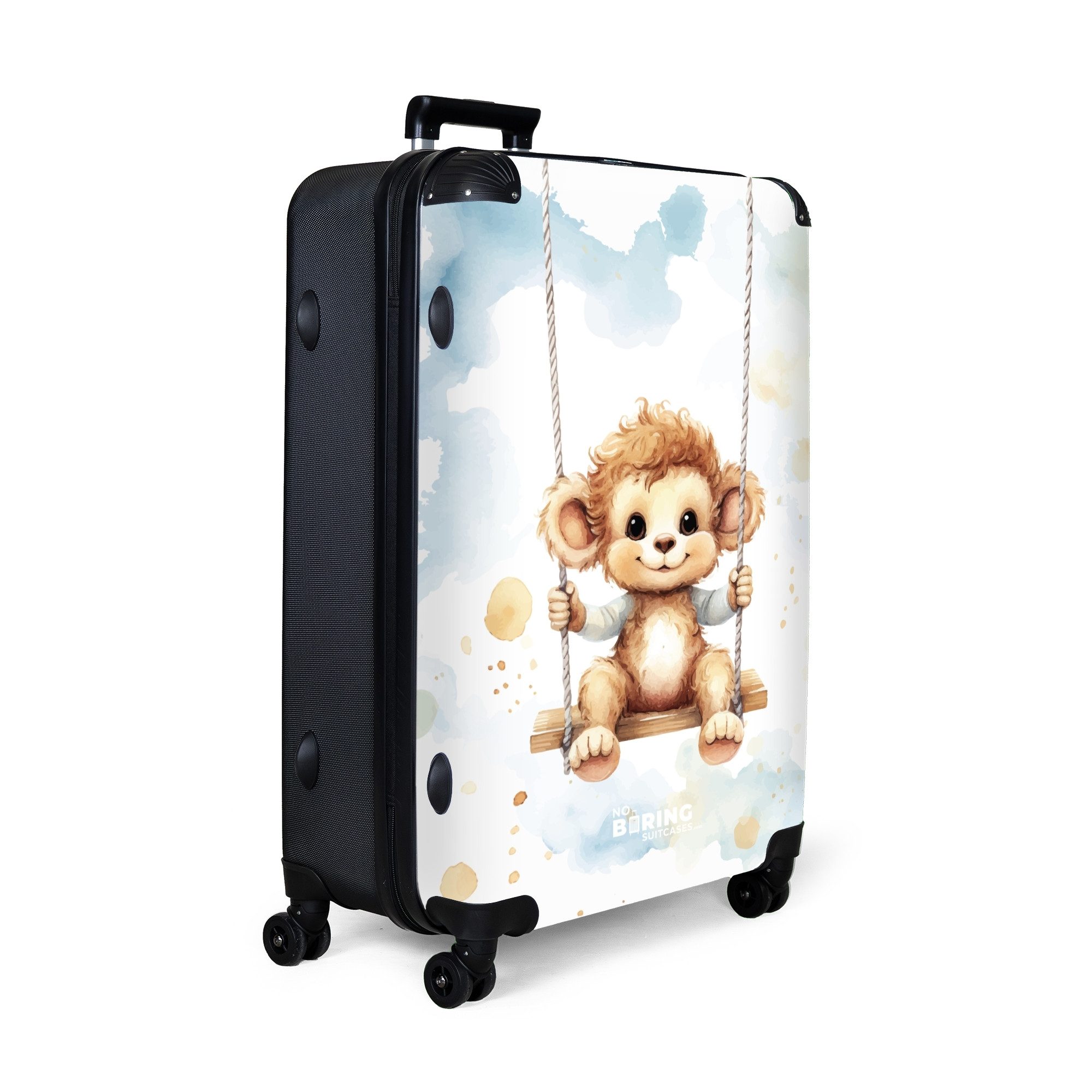NoBoringSuitcases.com© Kinderkoffer Baby - Aquarell schaukelnder Affe 77 cm - 98 L, 8 Rollen, Großer Reisetasche mit Rollen für 30kg, Kinderkoffer