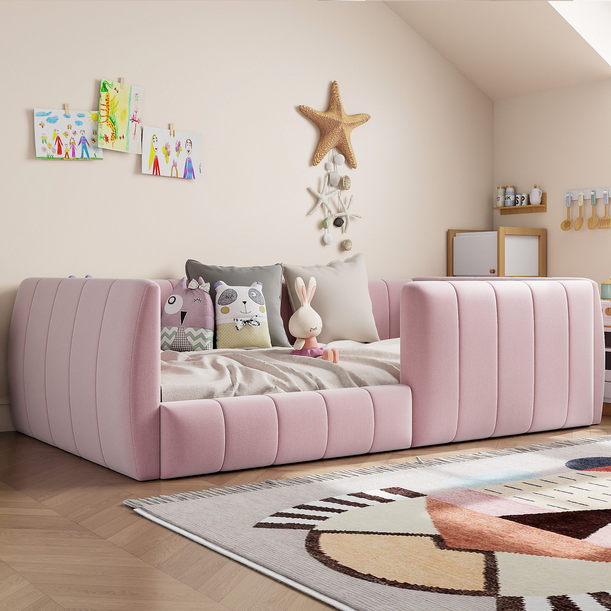 Flieks Polsterbett, Daybett Kinderbett Bodenbett 90x200cm mit Sicherheitsgeländer