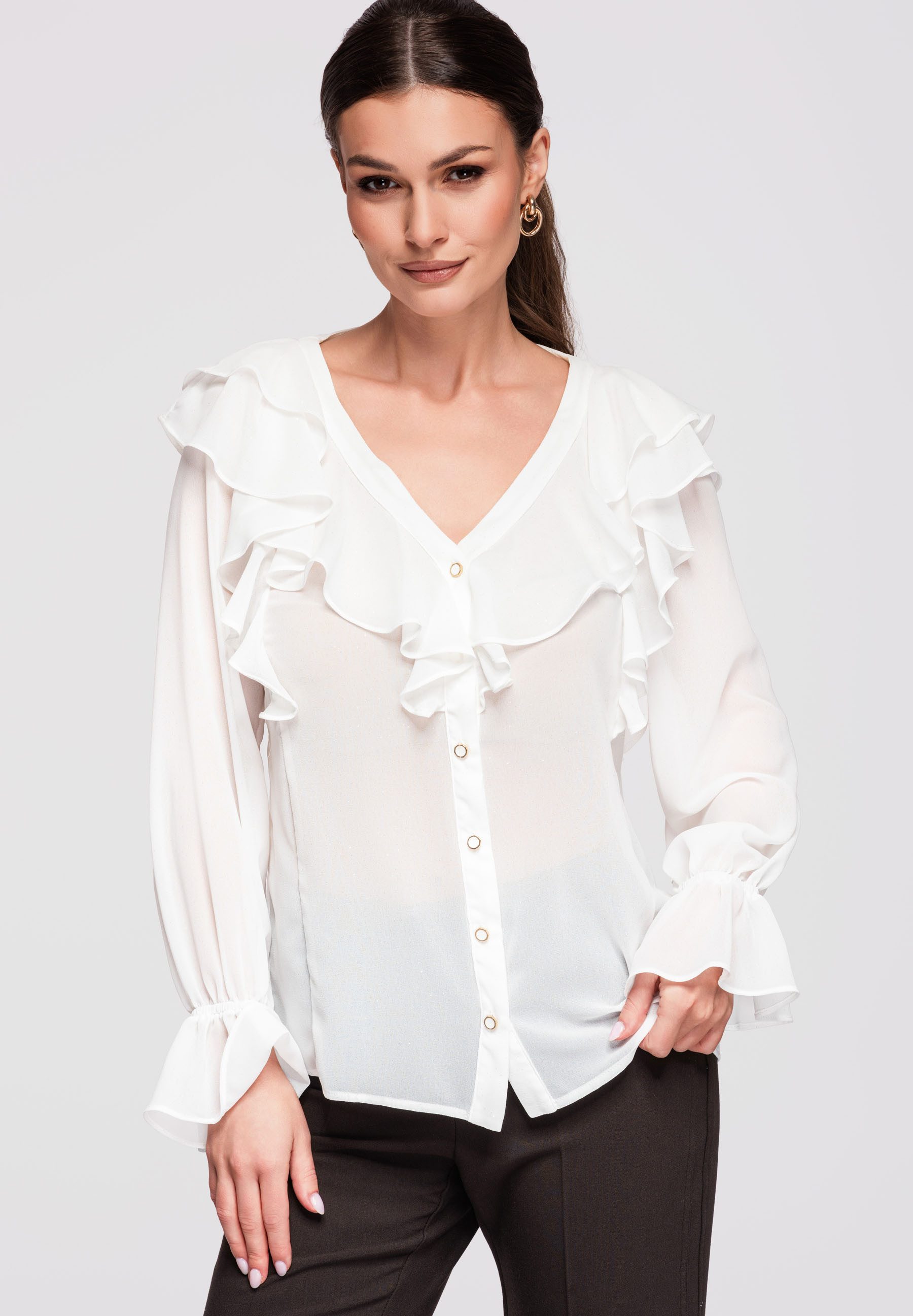 OMBRE Hemdbluse Damen Bluse mit Volants Elegant Ecru L (kein Set, 1-tlg) Volants an Dekolleté und Schultern