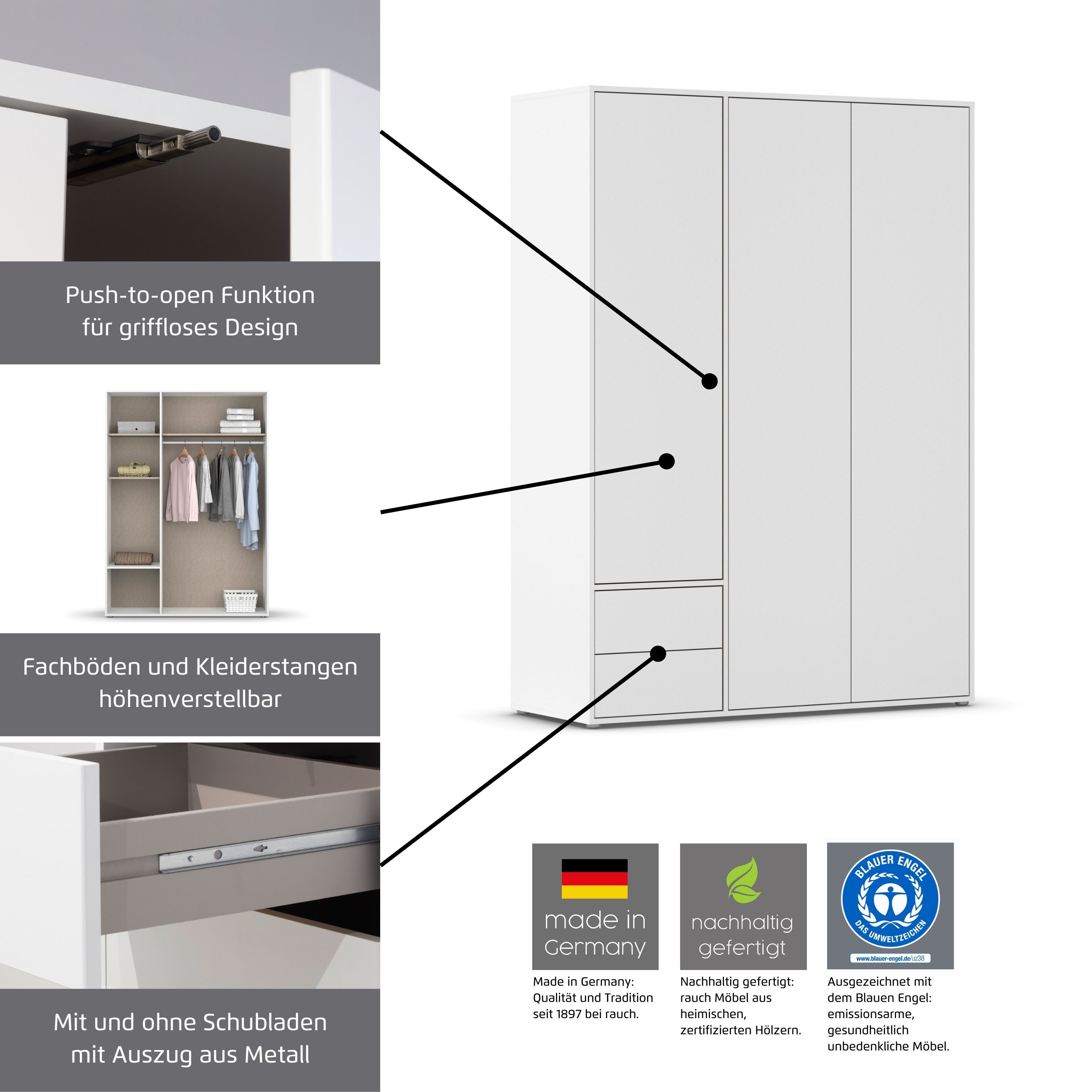 rauch Drehtürenschrank Kleiderschrank Schrank Garderobe Wäscheschrank NABILA viel Stauraum (in 3 verschiedenen Ausstattungen BASIC/CLASSIC/PREMIUM) in 2 Breiten mit Push-to-Open Funktion TOPSELLER MADE IN GERMANY