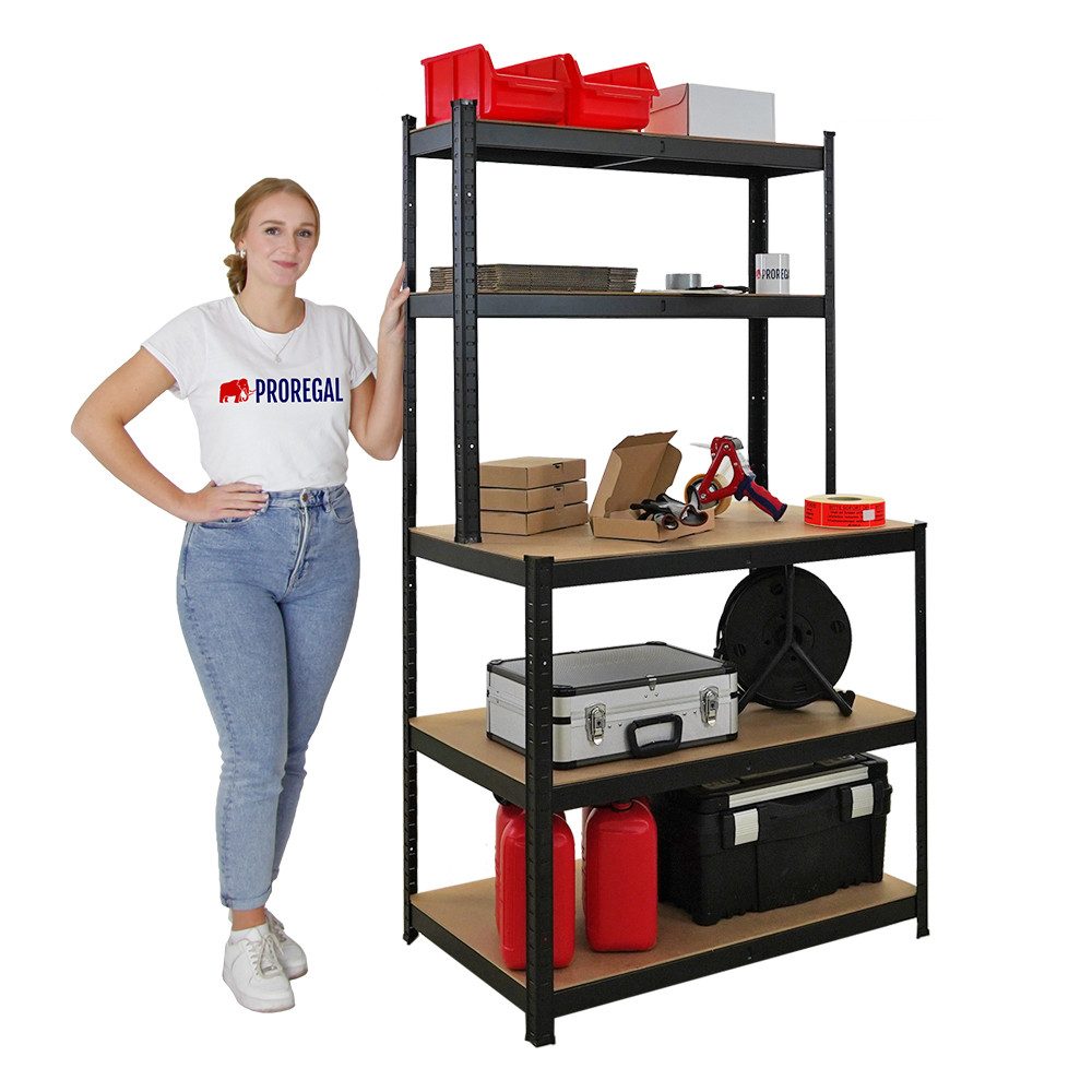 PROREGAL® Werkbank Packtisch GIANT BEAST, HxBxT 180x100x60cm, Fachlast 175kg, Schwarz, Stabile Arbeitsbank Kommissionierungstisch Arbeitstisch für Lager
