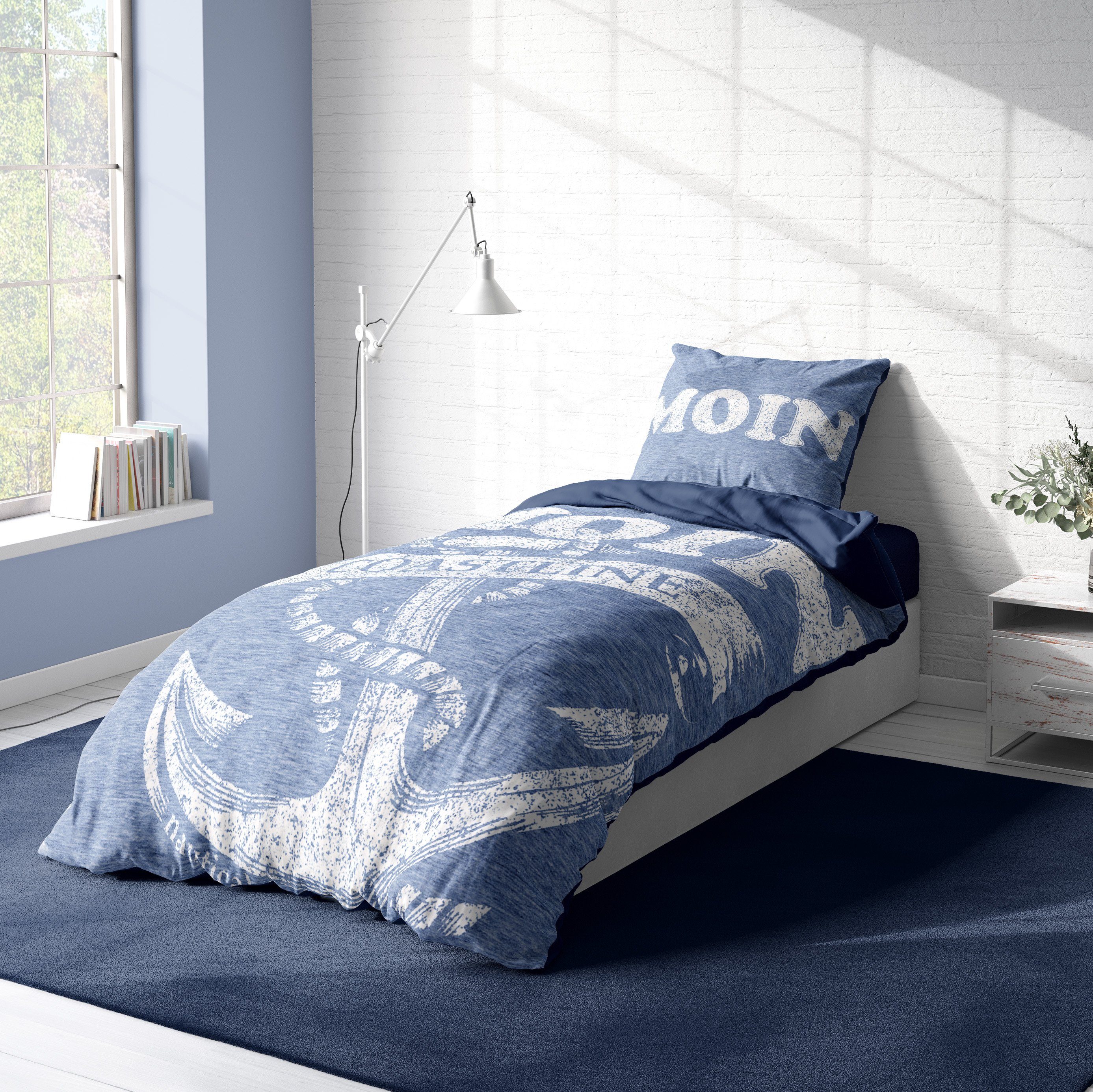 One Home Bettwäsche Moin, Mikrofaser, 2 teilig, Maritim mit Anker im nautischen Stil