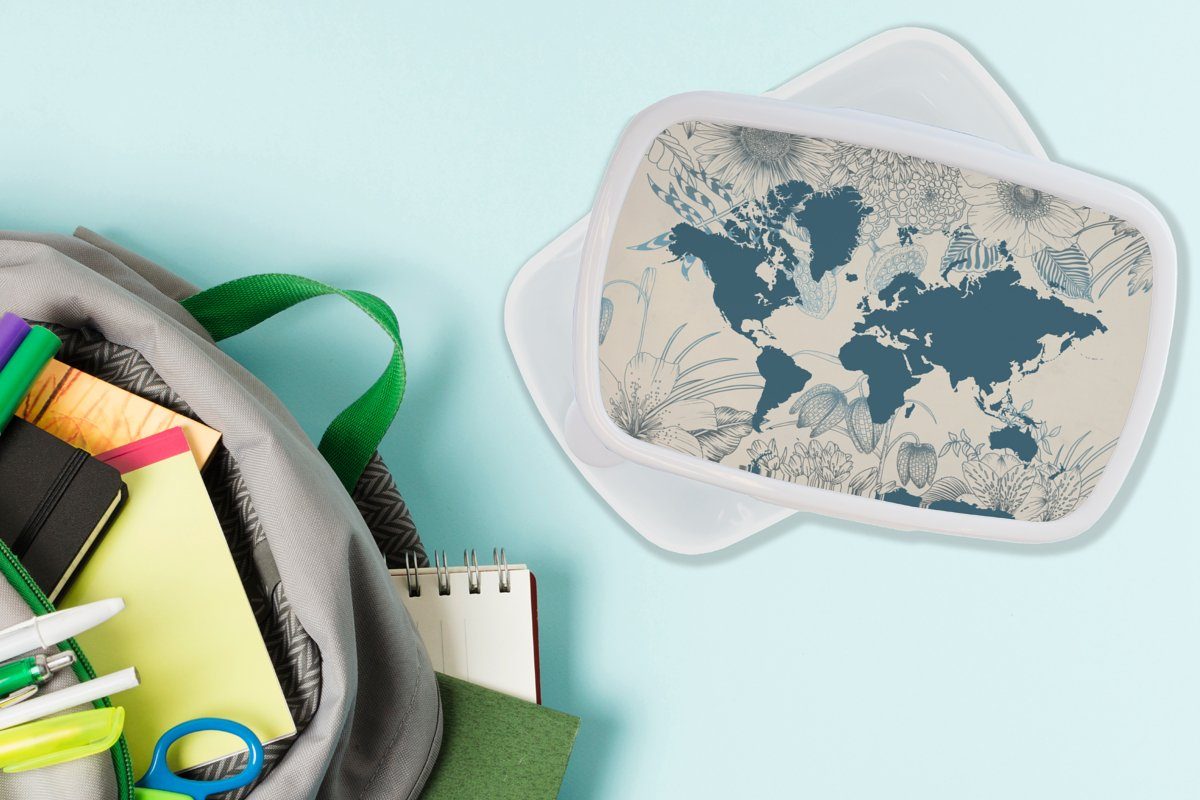 Weltkarte (2-tlg), Jungs für weiß Mädchen MuchoWow und Blau Brotbox Brotdose, Erwachsene, und Kunststoff, - Lunchbox - Kinder für Blumen,
