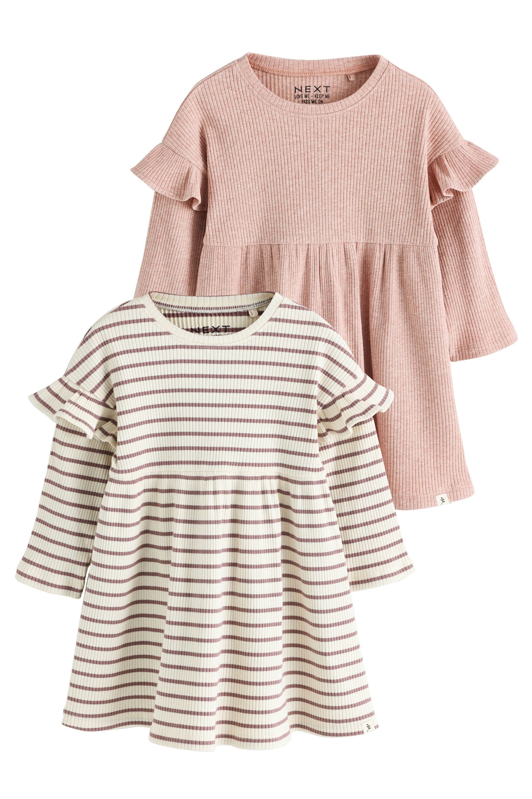 Next Shirtkleid 2 x Gerippte Kleider mit langen Rüschenärmeln (2-tlg)