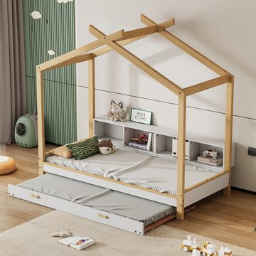 Welikera Hausbett 90x200cm&90x190cm Holzbett mit 4 Fächern Regale,Ausziehbarem Rollbett, Hausbett,Einzelbett,Kinderbett,Kieferrahmen,MDF,Weiß+Natur