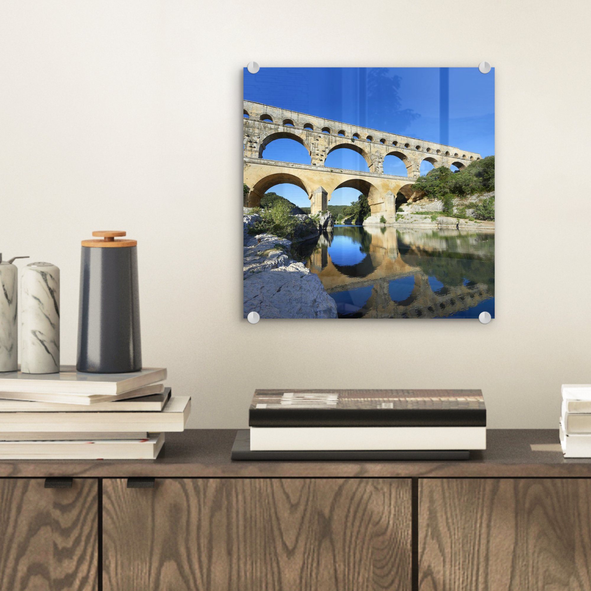 Klarer auf über Bilder Glasbilder - - Gard MuchoWow St), auf Wanddekoration Acrylglasbild blauer - Foto Frankreich, Himmel in dem du (1 Wandbild Glas Pont Glas