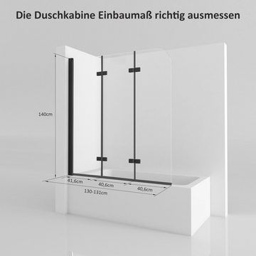 Boromal Badewannenaufsatz Duschwand Badewanne Schwarz 130cm 3-teilig Faltbar Badewannenfaltwand, (Klarglas /Teilsatiniert glas), Badewannenfaltwand Glaswand 6mm ESG Glas