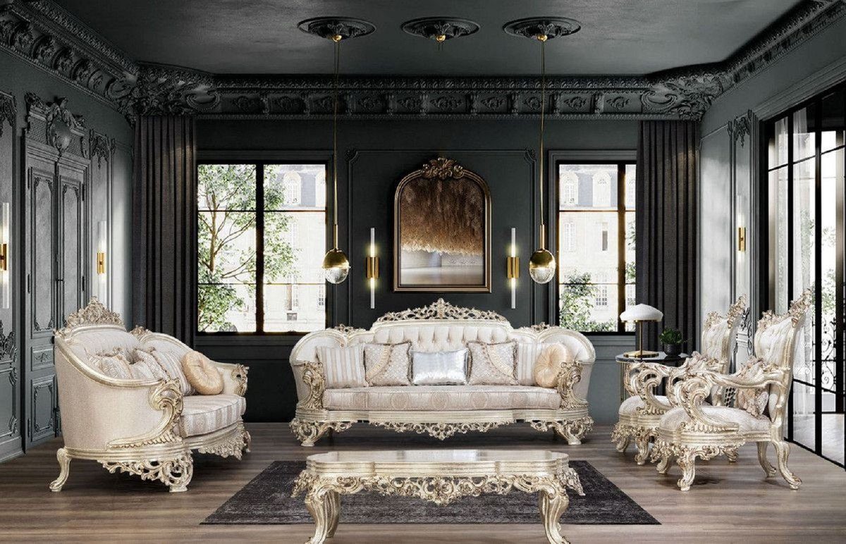 Barock / / Beige Cremefarben Prunkvolles Gold Sofa Sofa - mit Wohnzimmer Möbel Muster Antik Luxus Padrino Casa elegantem Barock Sofa - Wohnzimmer