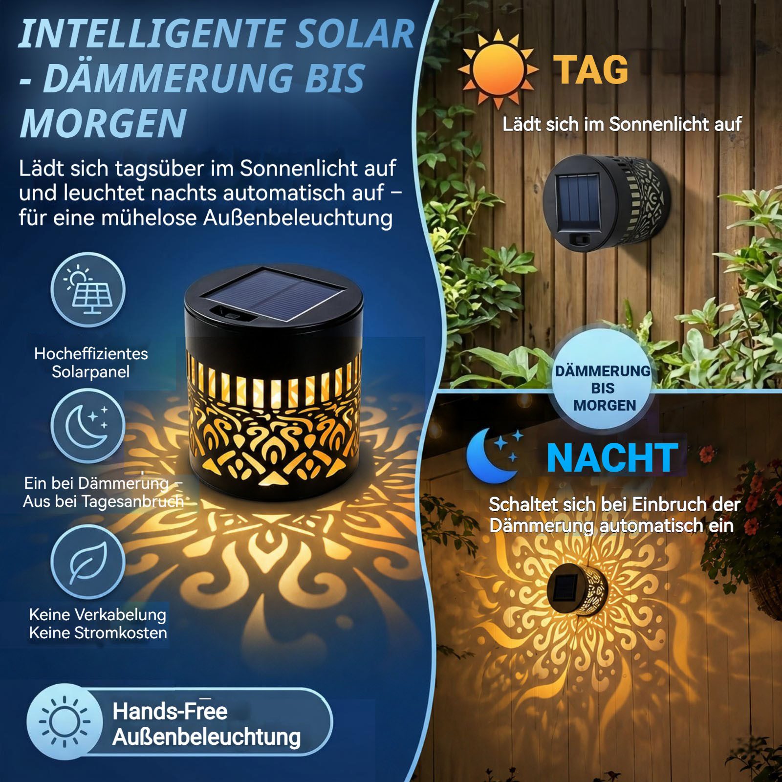 QUBEBU Außen-Wandleuchte 1/2/4stk Mandala Solarleuchte Solarlampe Wandleuchte für Außen Garten, Warmes Licht, LED fest integriert, Solarlampen für Außen, Metall – Bild 3 von 5