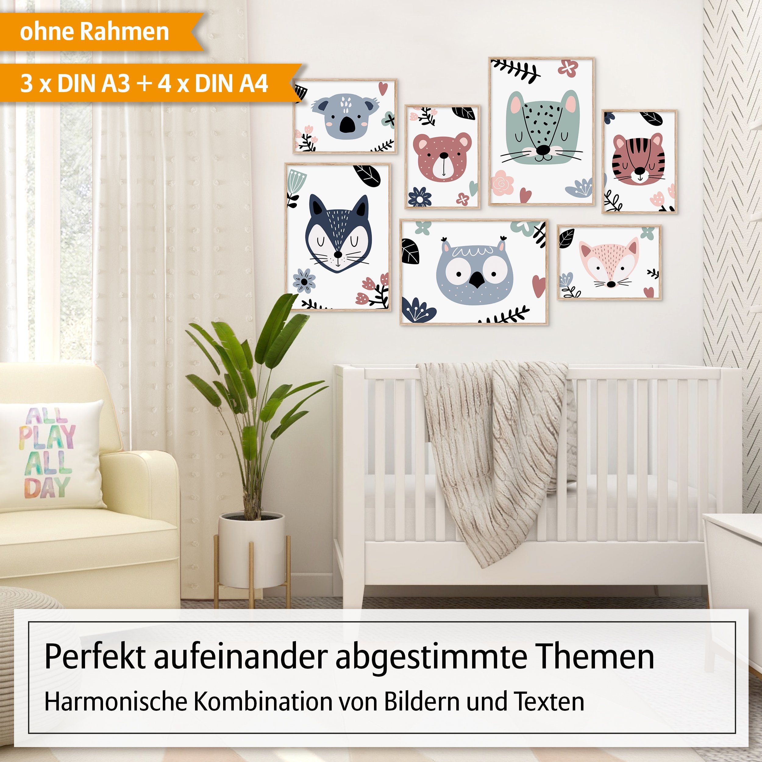 Hyggelig Home Poster Tiergesichter, Premium Poster Set OHNE & MIT Rahmen für Kinderzimmer, Tiere (Set, 7 St), Collage Fuchs & Eule, Qualitätsdruck dickes Papier