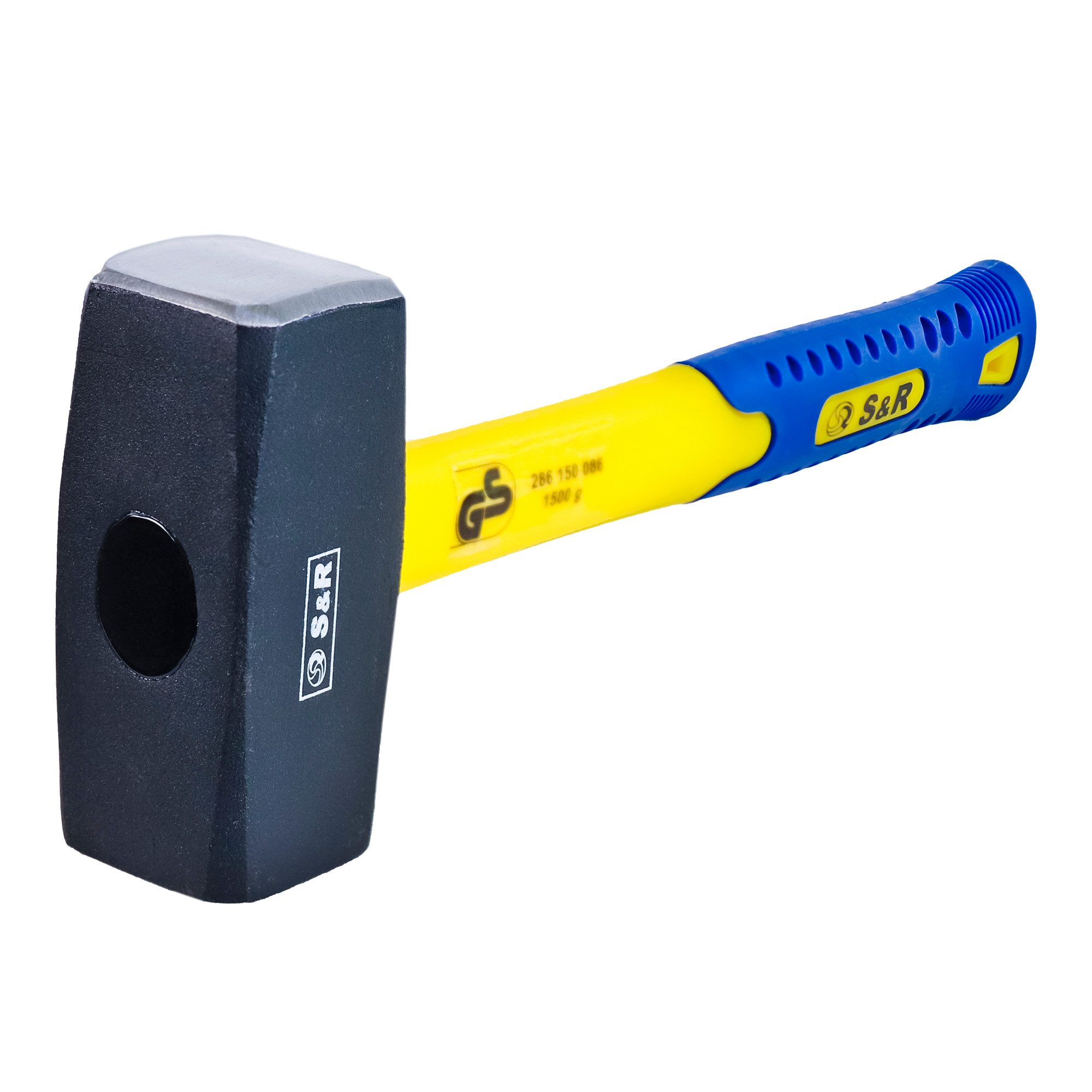 S&R Hammer Fäustel 1500 Gramm Kopfgewicht, aus hochwertigem Schmiedestahl C50 (1-St), mit gummiertem rutschfestem Fiberglasstiel, Rückschlaghemmend