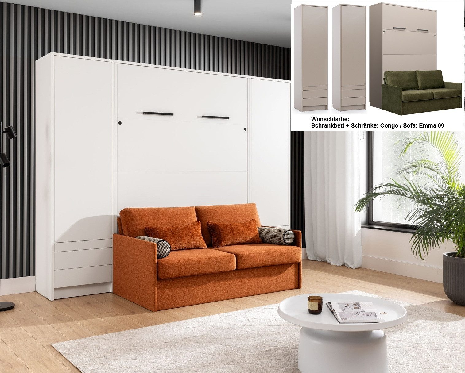 QMM TraumMöbel Schrankbett Wandbett GN 140x200 congo mit LED, 2 Schränken und Sofa (4-St., Schrankbett mit Sofa und 2 Schränken) vertikal klappbar, mit LED-Beleuchtung mit Fernbedienung