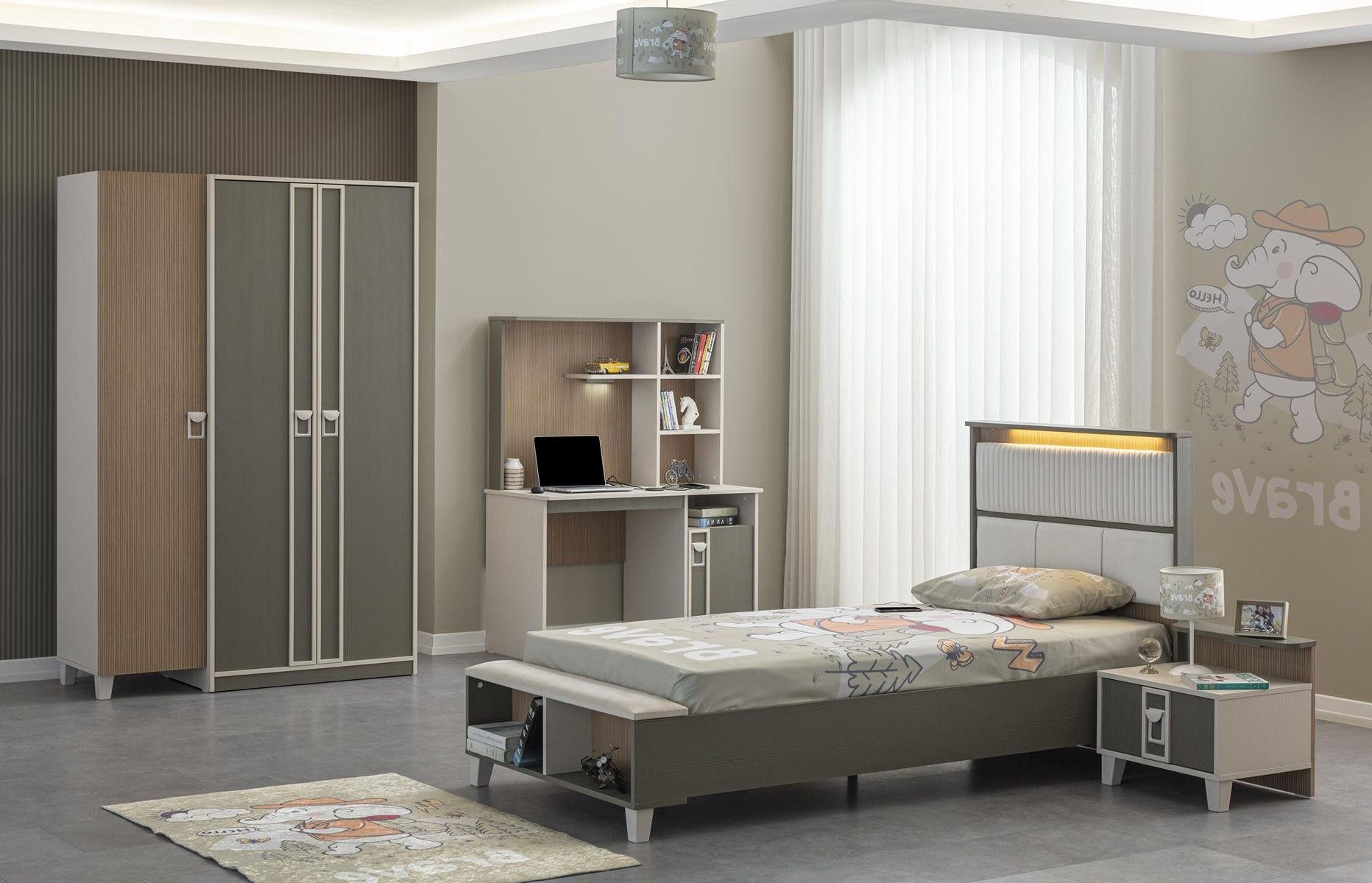 Xlmoebel Jugendzimmer-Set Grau Holz Kinderbett Set 4tlg für das Kinderzimmer, (4-tlg), Made in Europa