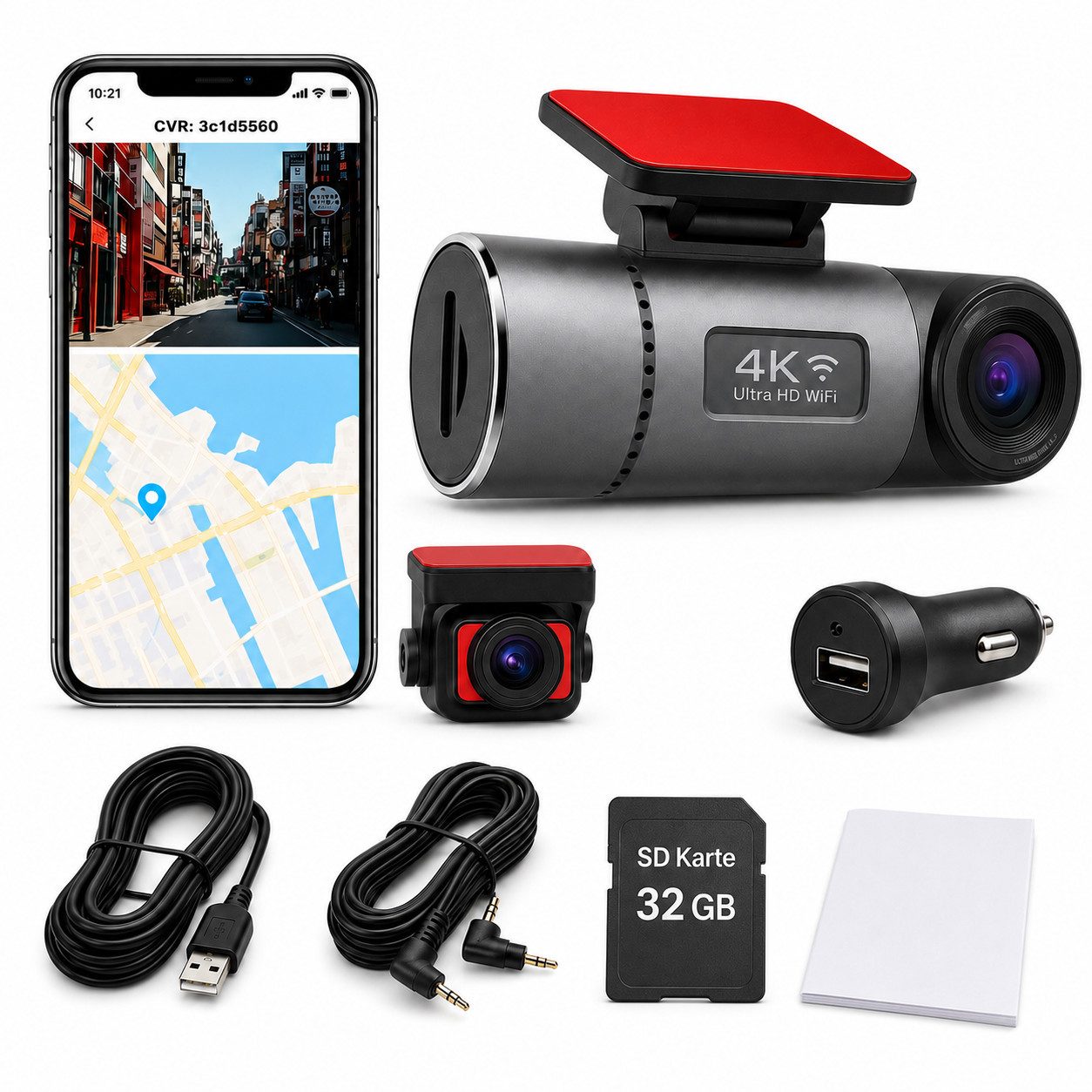Goldstern-Tech Dashcam (4K Ultra HD, WLAN (Wi-Fi), Dual-Kamera Autokamera Set – Front- & Rückansicht in HD, GPS, WLAN, Nachtsicht & Parkmodus mit 32GB SD-Karte)
