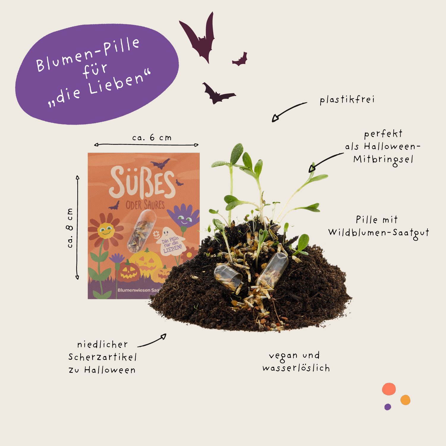 Die Stadtgärtner Blumensamen Saatgutpillen "Süßes oder Saures" I Halloween Give-Away & Tischdeko, Gruselige Motive