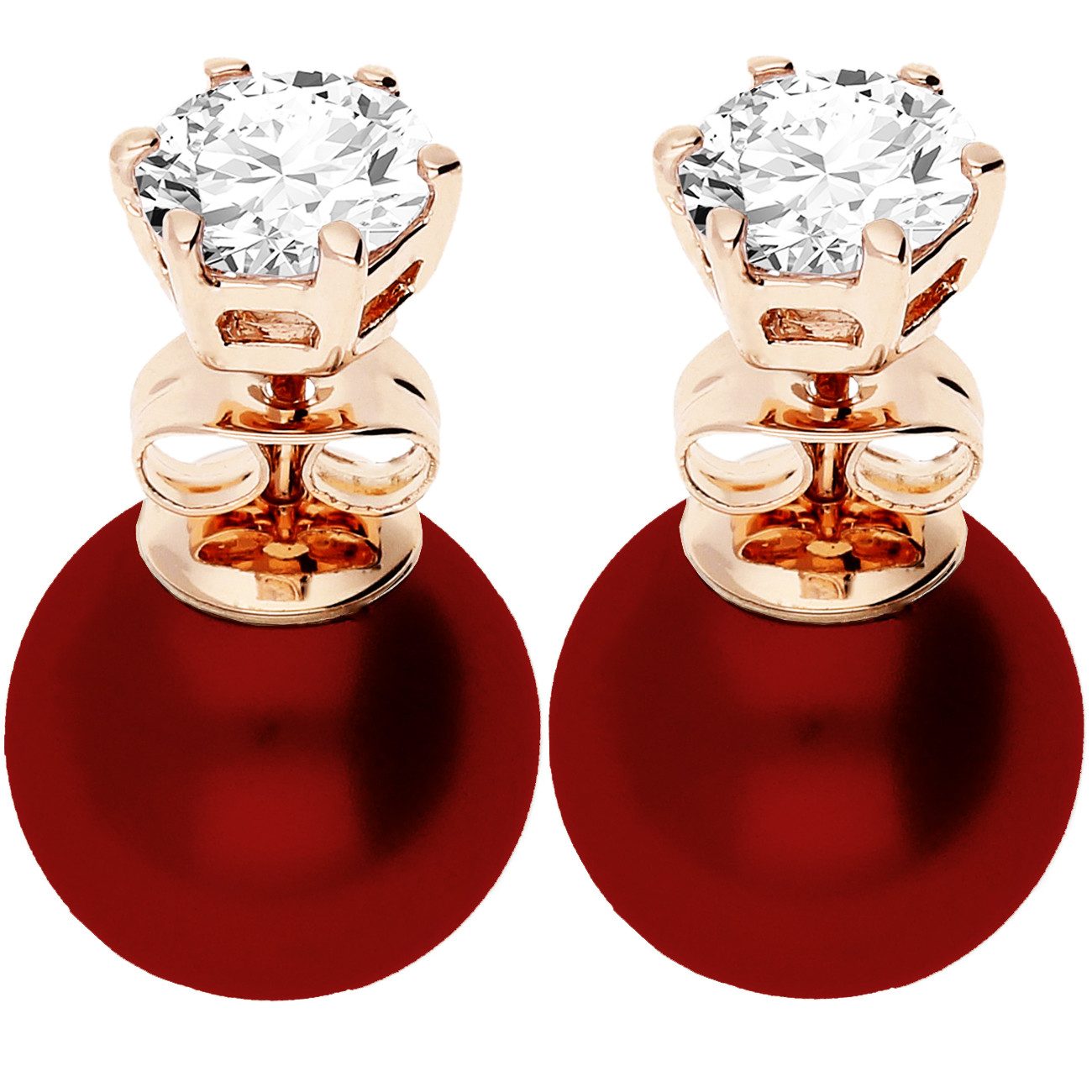Paar Ohrstecker 750 (18 Karat) Roségold vergoldet Ohrringe Doppel Perlen Zirkonia Rot