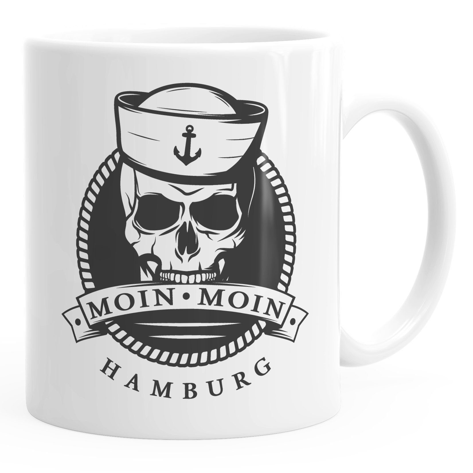 MoonWorks Tasse Kaffee-Tasse Becher Totenkopf Matrose Anker Motiv Skull Emblem Schriftzug Moin Moin Hamburg Moonworks®, Keramik