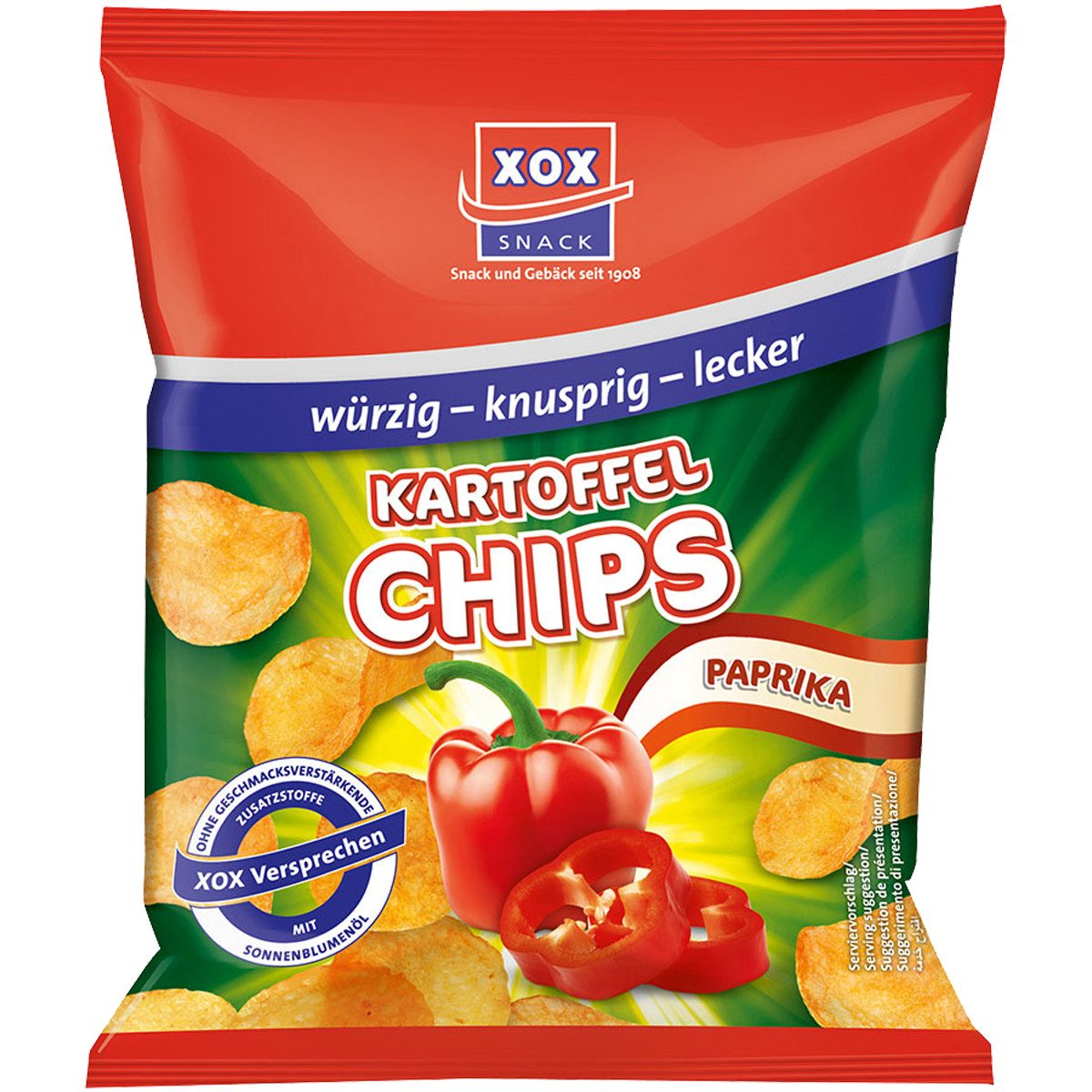 XOX Knabberei, XOX Kartoffelchips Paprika knusprig fein gewuerzt und aromatisch 30g