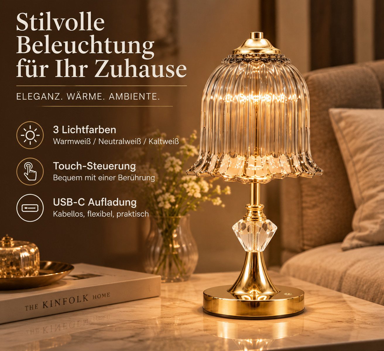 Fyrove LED Nachttischlampe LED-Tischleuchte mit Glasschirm, USB-C aufladbar, 3 Lichtfarben, Touch-Sensor, 20 LEDs, Retro-Blütendesign, Gold – Bild 3 von 5
