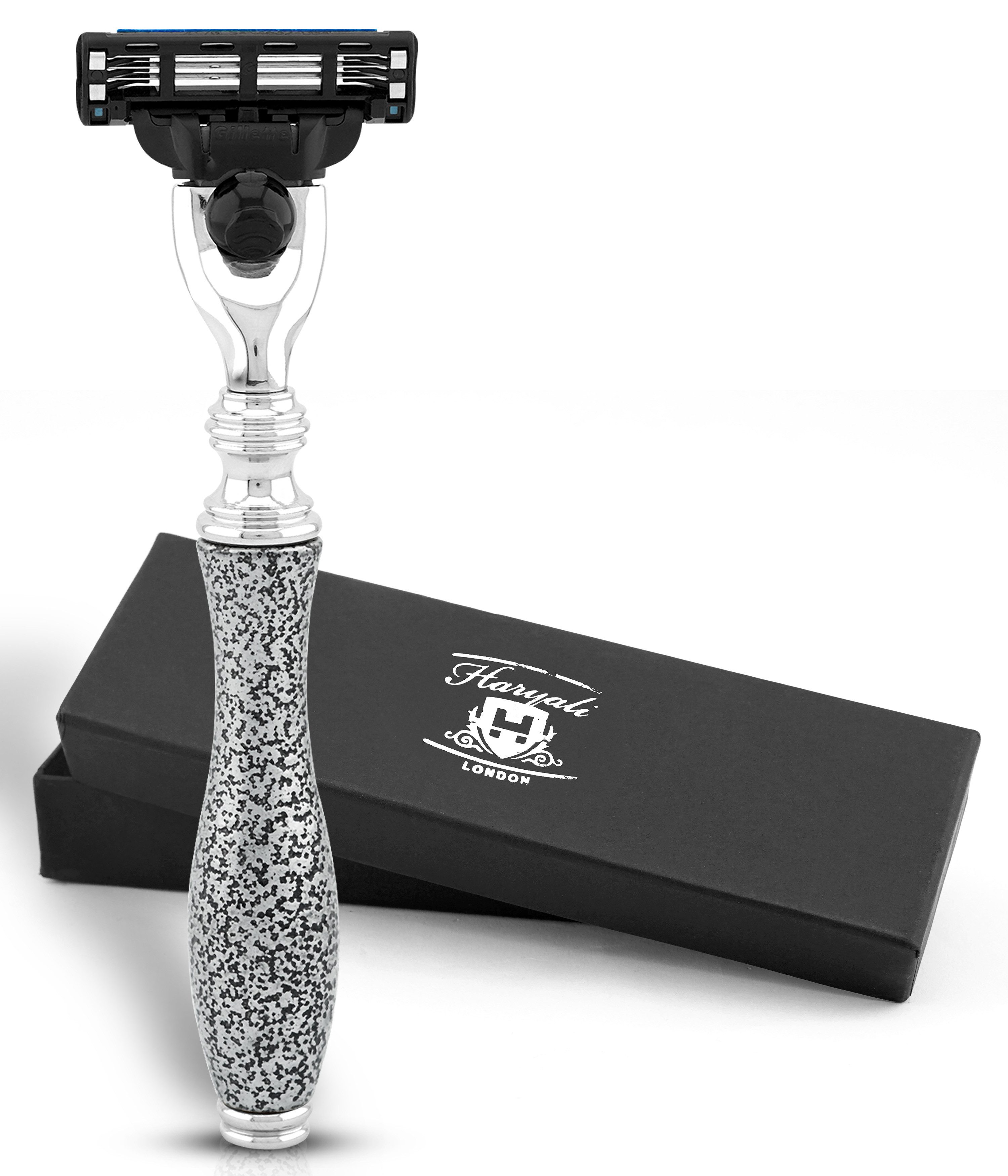 Haryali London Nassrasierer Mach3 Rasierer für Männer, ergonomischer Herrenrasierer, Metallic-Grau, Packung, Verstellbarer Rasierer mit hochwertigem Messing Silber, Abwaschbarer,rutschfester Griff.Passend für alle Mach 3 Rasierklingen.