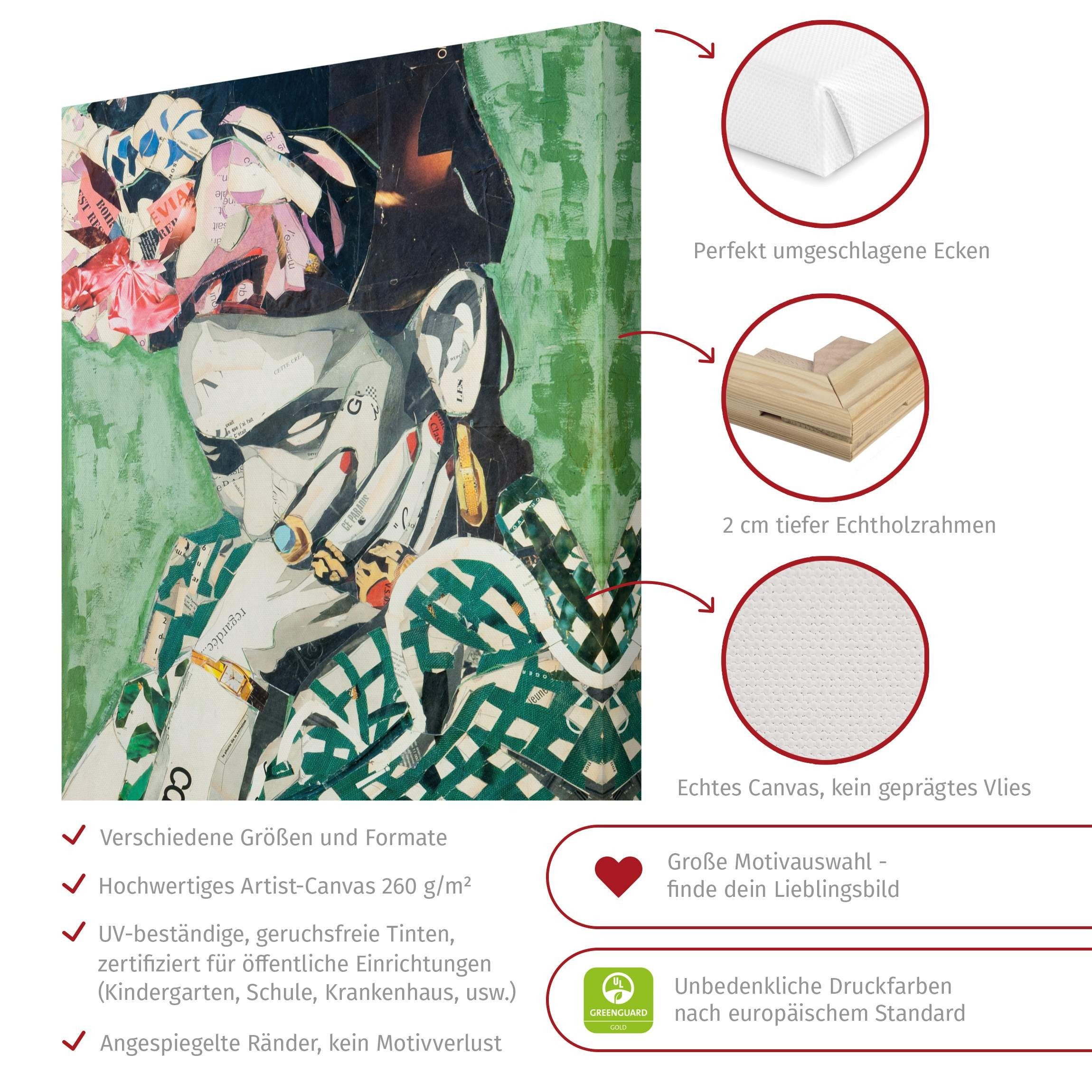 Bilderdepot24 Leinwandbild Kunstdruck Modern Malerei Frida Kahlo grün Bild auf Leinwand Groß XXL, Wohnzimmer Schlafzimmer Küche Flur Wandbild Kunstkopie Wanddeko Druck