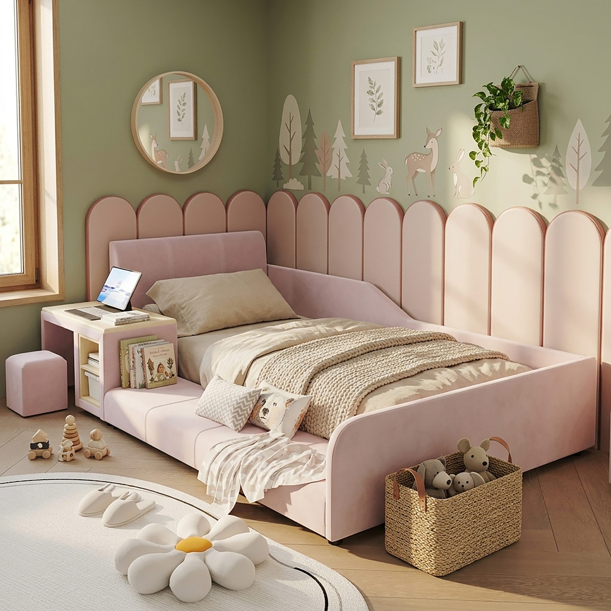 STILVORA Polsterbett 90×200 mit Matratze und Stauraum Einzelbett Kinderbett mit Tisch (Jugendbett, Schreibtisch, Hocker, Ablageboden, Samtkopfteil, Komfortpolster, hohe Stabilität, Lernbereich), für Kinderzimmer, Jugendzimmer, Lernzimmer
