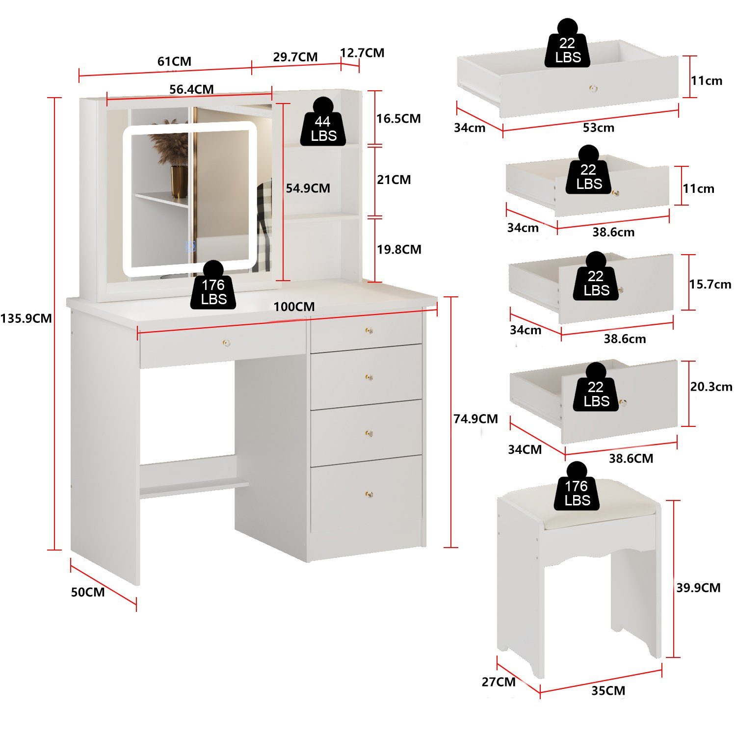 Breite FUFU&GAGA Beleuchtung, 100cm Hocker Schminktisch Weiß und