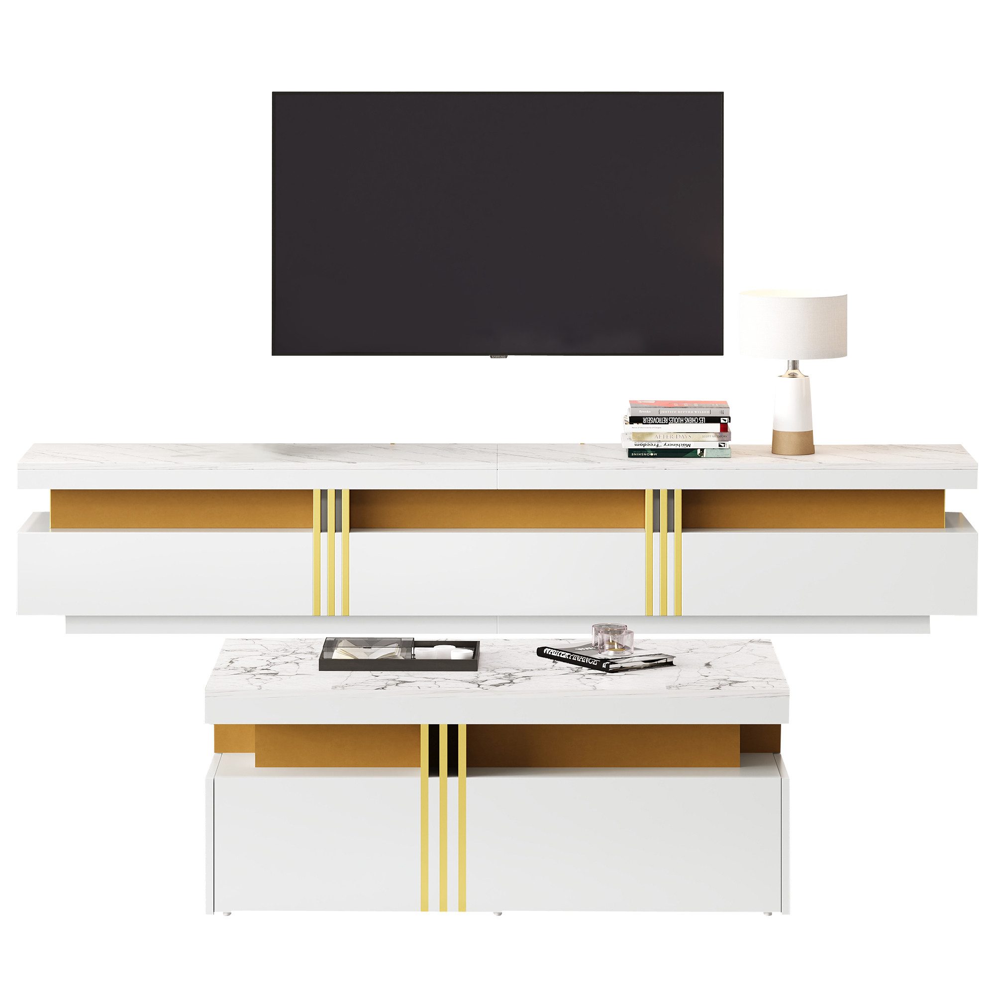 REDOM Wohnzimmer-Set Luxus Wohnzimmermöbel Set in Marmor-Optik, (Wohnwand, TV-Wandkombination, Wohnzimmer-Wandkombination, 2-St., 100*50*40 cm+200*40*42 cm), mit Marmormuster und goldene Dekoration