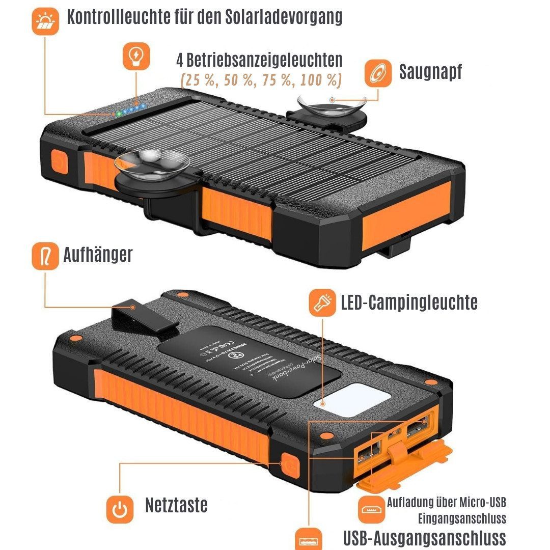 Diyarts M30000 Solar Powerbank 10000 mAh, Solar Powerbank 10.000 mAh mit LED-Lampe & Saugnapfhalterung