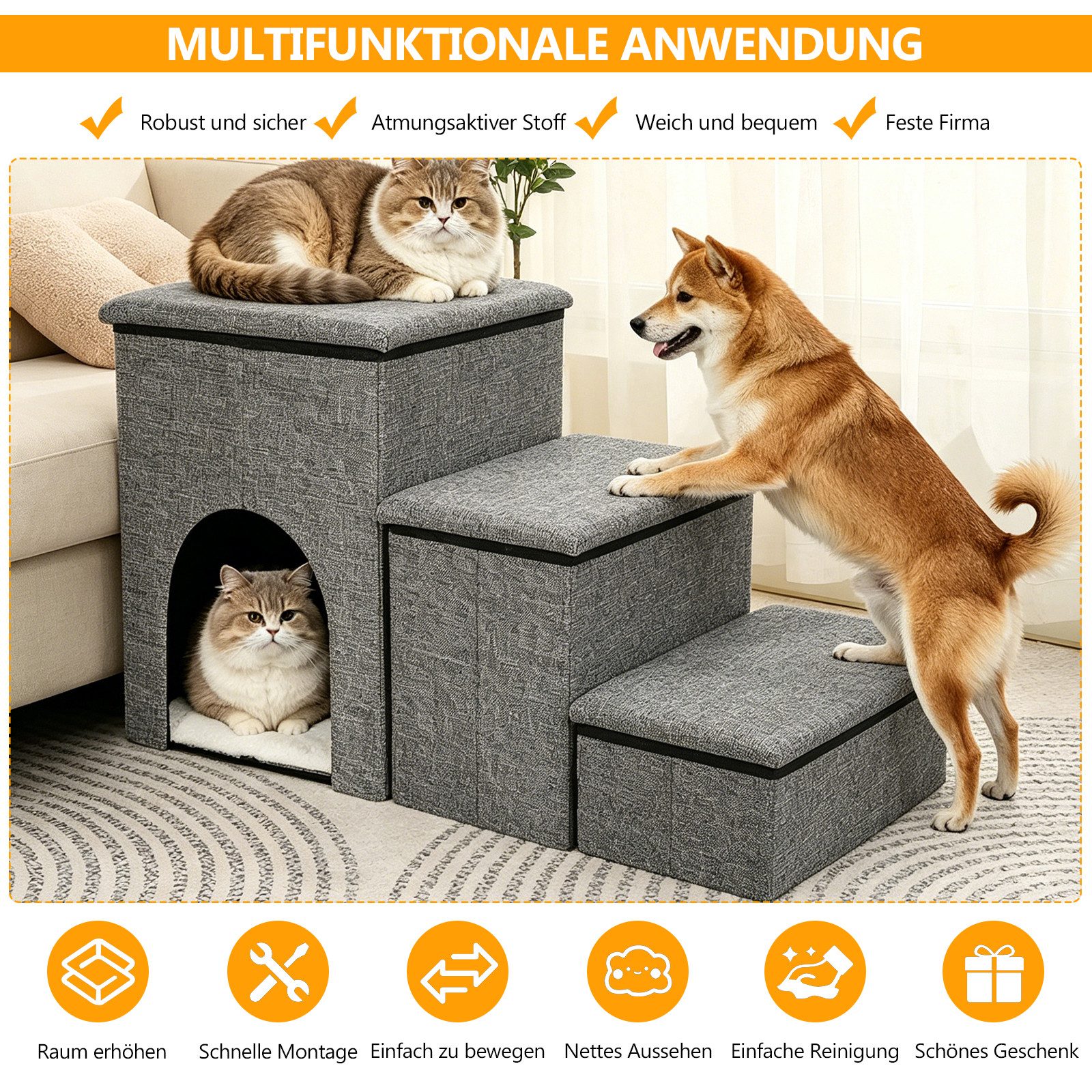 BlingBin Haustiertreppe Hundetreppe 3-stufig, 32,5 cm Katzentreppe für Bett und Sofa (1er set, 1-St., 72,5cm x 32,5cm x 43 cm), Haustiertreppe mit Stauraum und Katzenöffnung für Bett und Couch