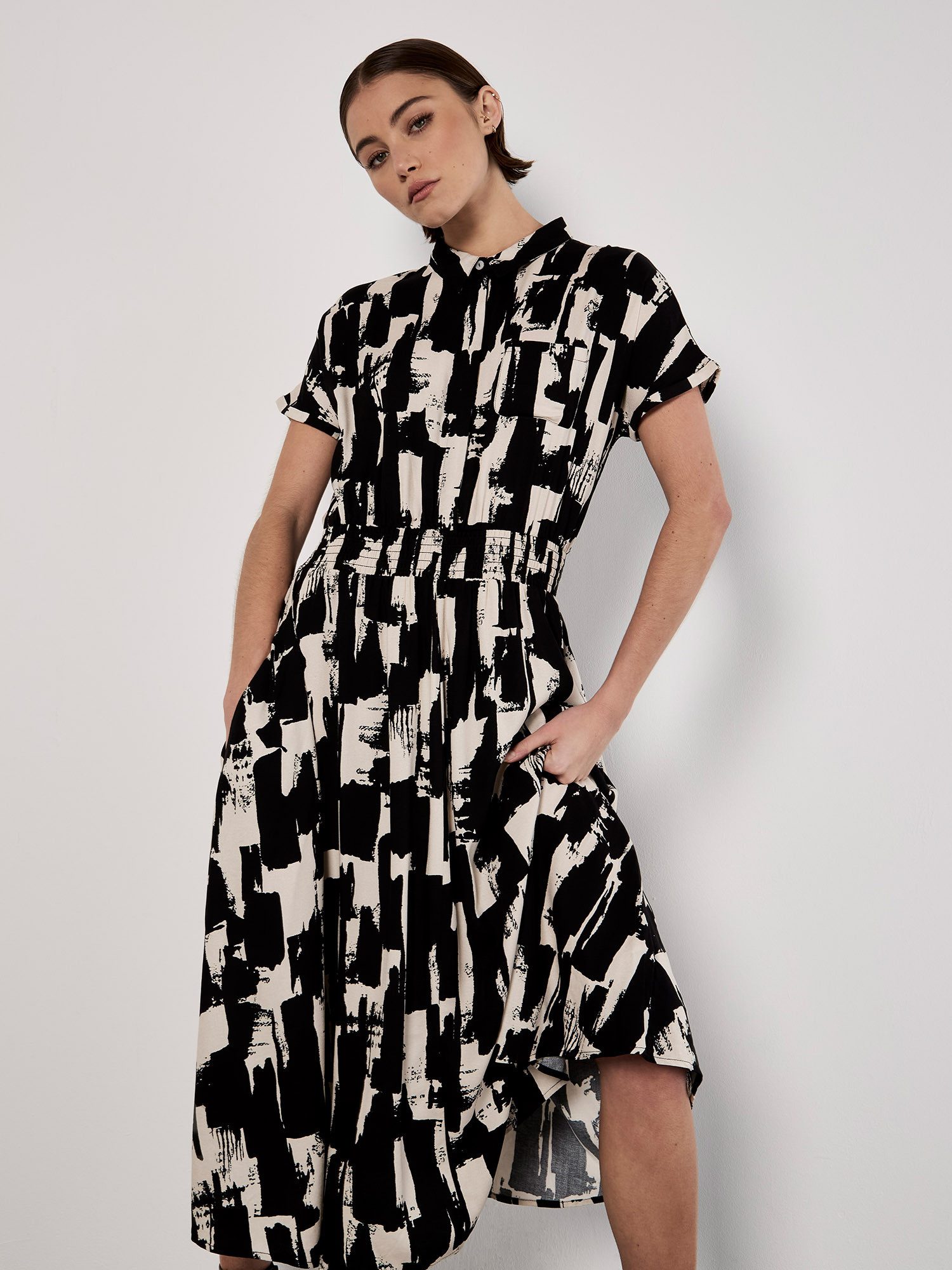 Apricot Hemdblusenkleid Midikleid mit Pinselstrichmuster